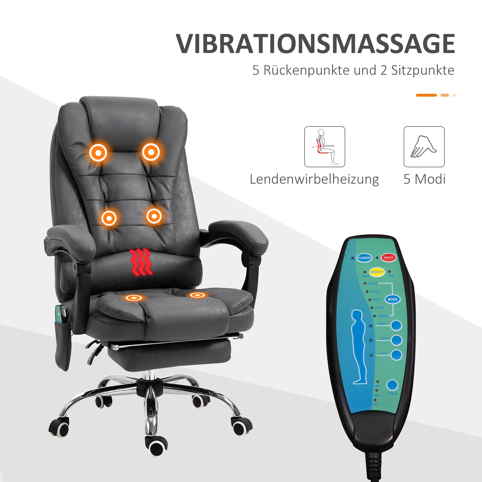 Bürostuhl mit Massagefunktion, ergonomisch, 65x160x104cm, Grau
