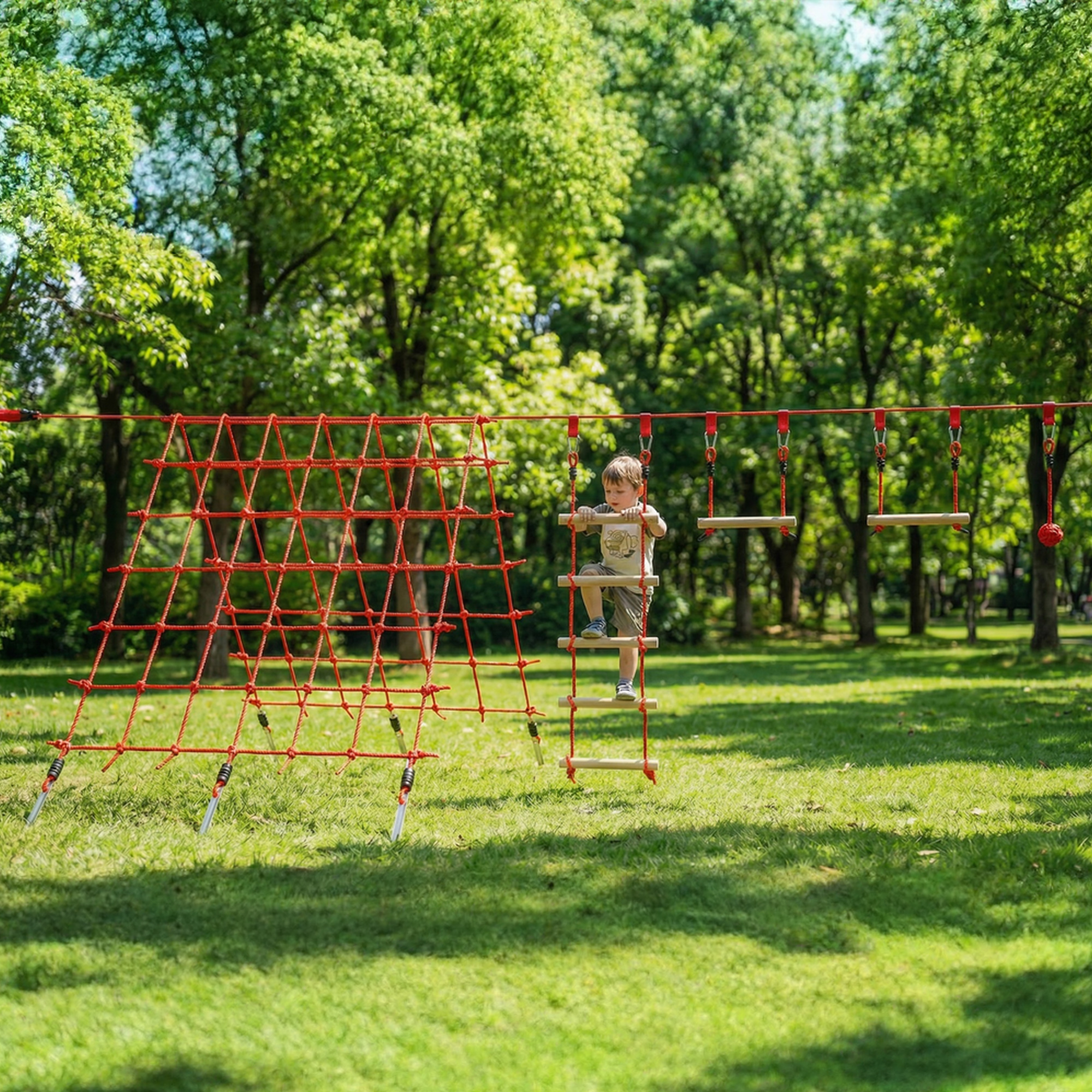 Ninja Line Kinder 10m Slackline Set mit Turnringe Schaukel Kletterleiter Kletternetz für 3-6 Jahre 1000x300x180 cm Rot
