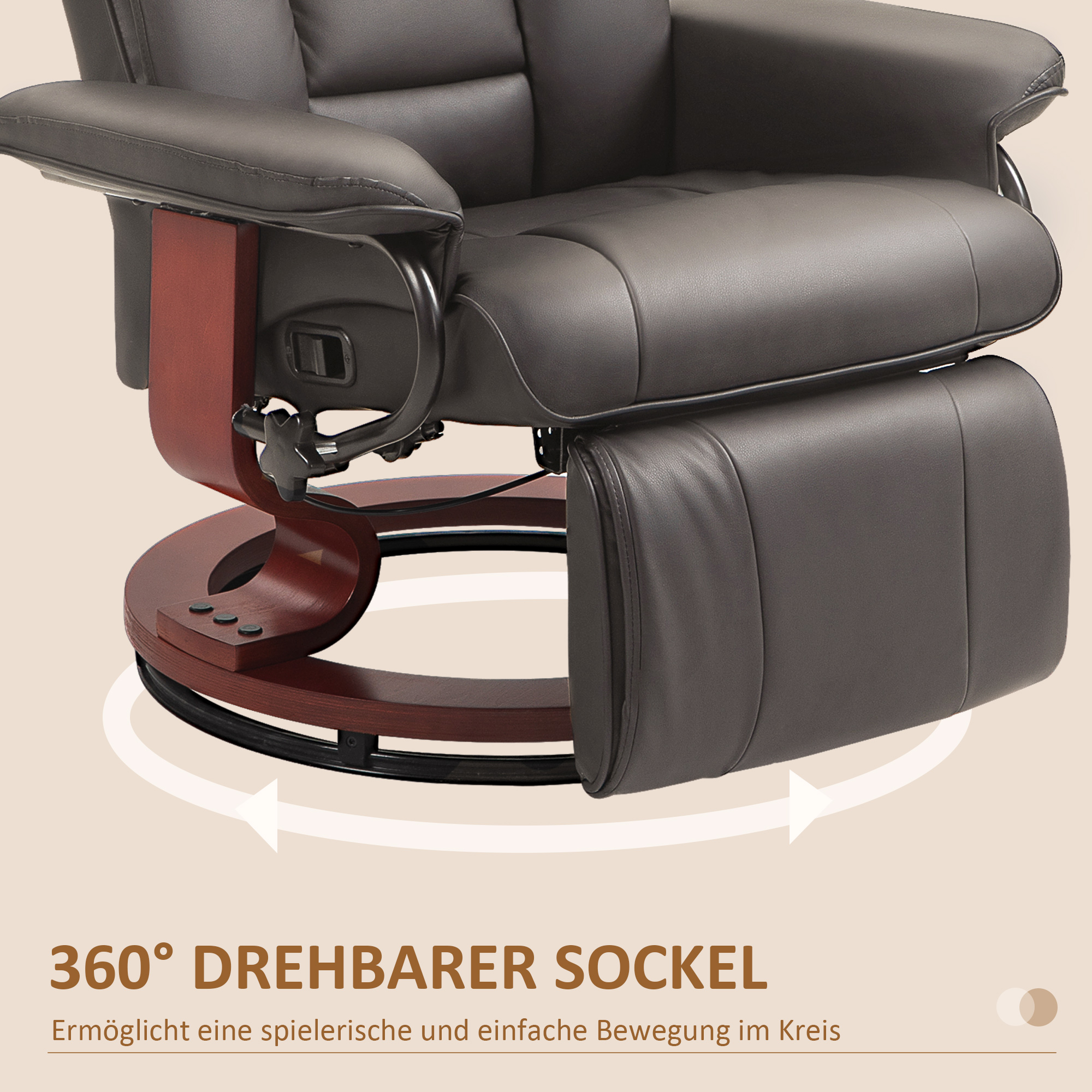 Relaxsessel mit Liegefunktion, drehbar, bis 150 kg, Kunstlederbezug, Stahlrahmen, Braun