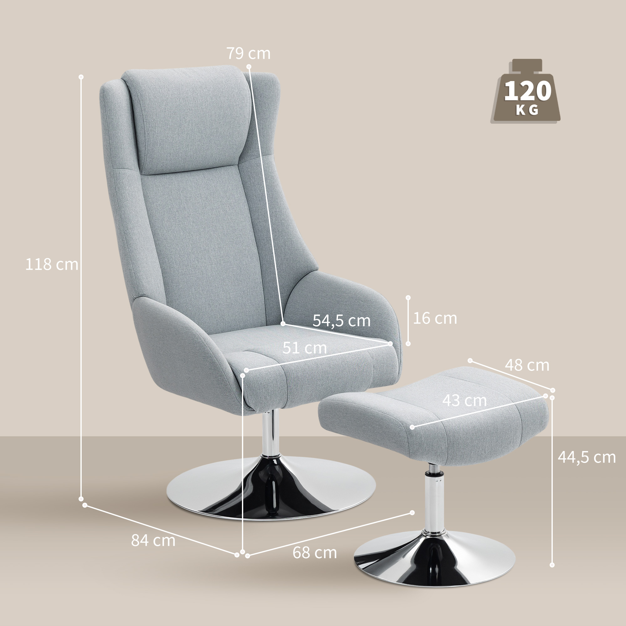 Drehbarer Polsterstuhl mit Fußhocker, zurücklehnbar, Polstersessel mit Armlehnen, für Wohnzimmer, Schlafzimmer, Grau