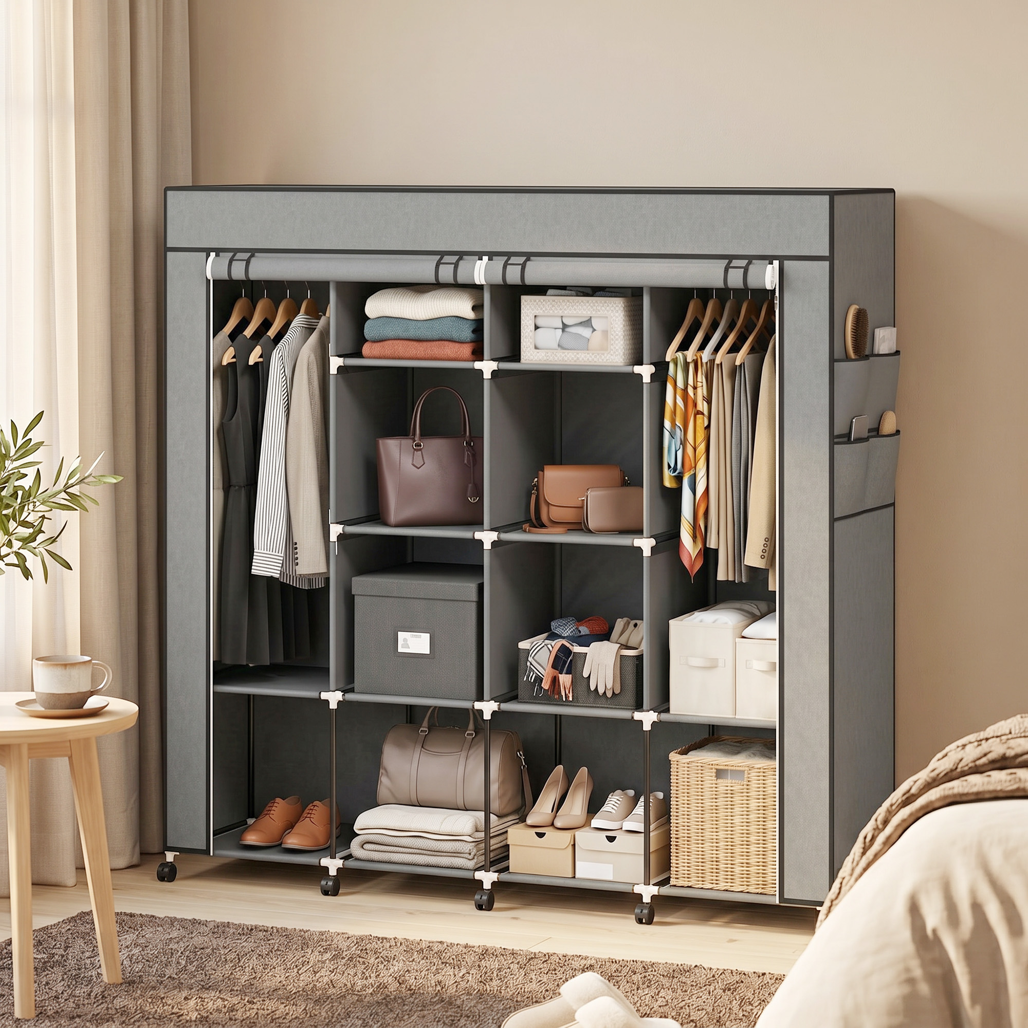 Kleiderschrank Stoffschrank, Türen, 2 Kleiderstangen, 10 Fächer, Grau