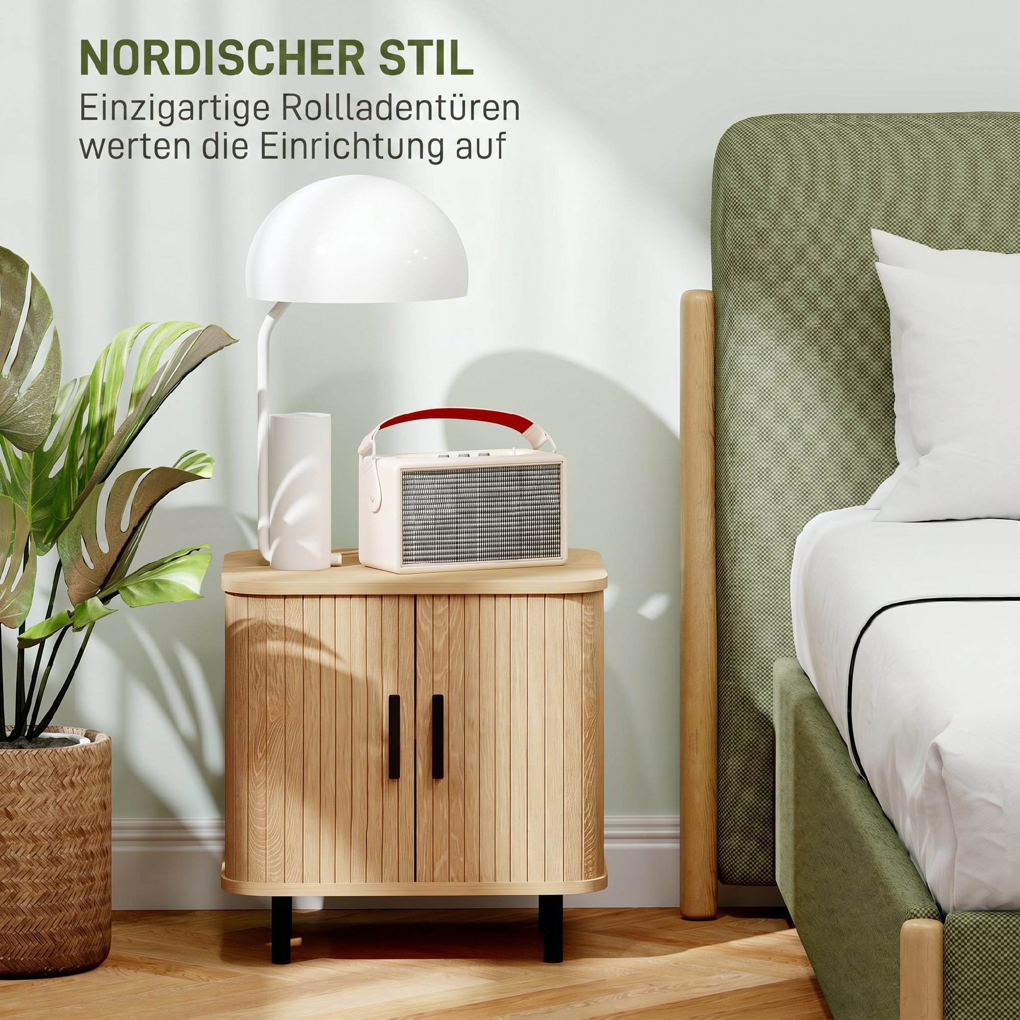 Nachttisch Beistelltisch mit Lamellentüren und Stahlbeinen, für Schlafzimmer und Wohnzimmer, Eiche