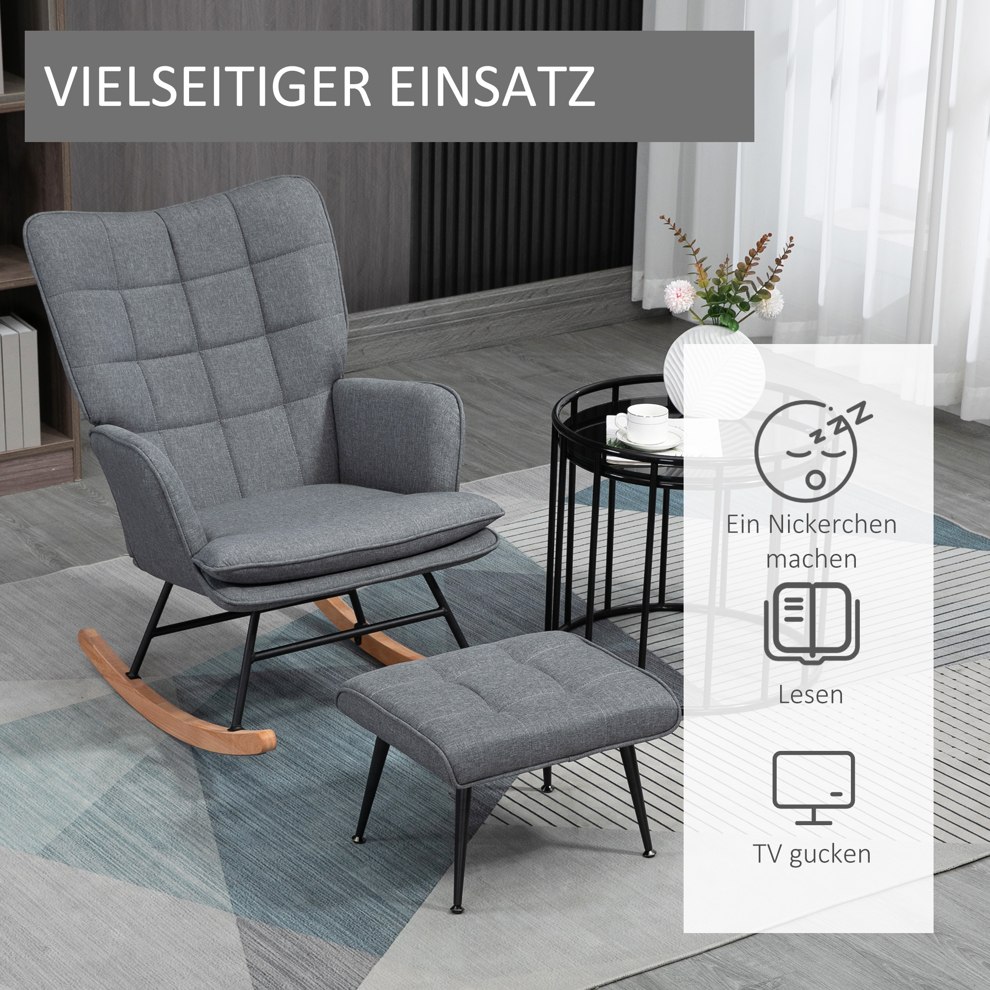 Schaukelstuhl mit Hocker, komfortabel, bis 130 kg, Leinenoptik, 64x89x90cm, Grau