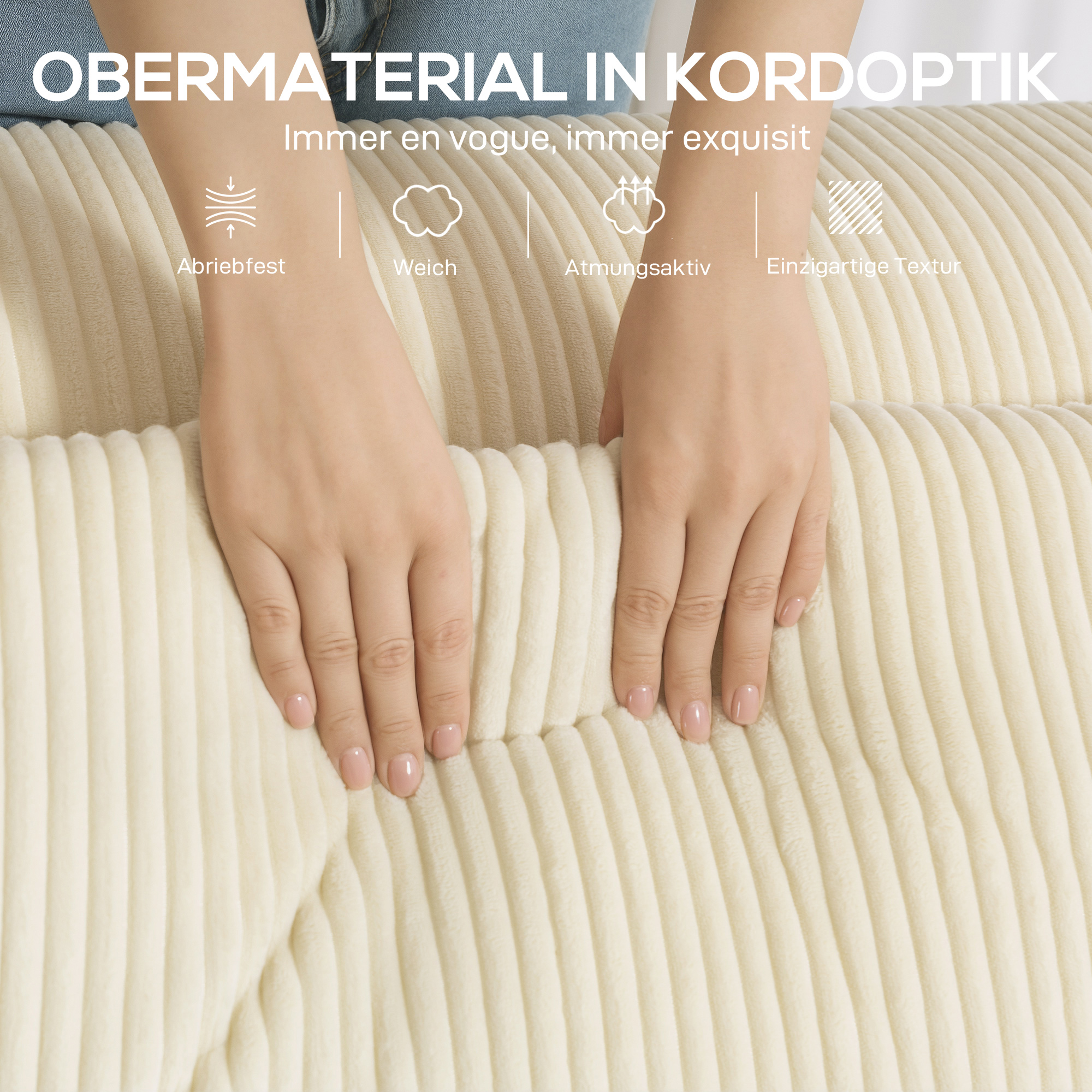 3-Sitzer-Sofa, weiche Schaumstoffstruktur, breite Armlehnen, 2 Kissen, Cordbezug, Beige