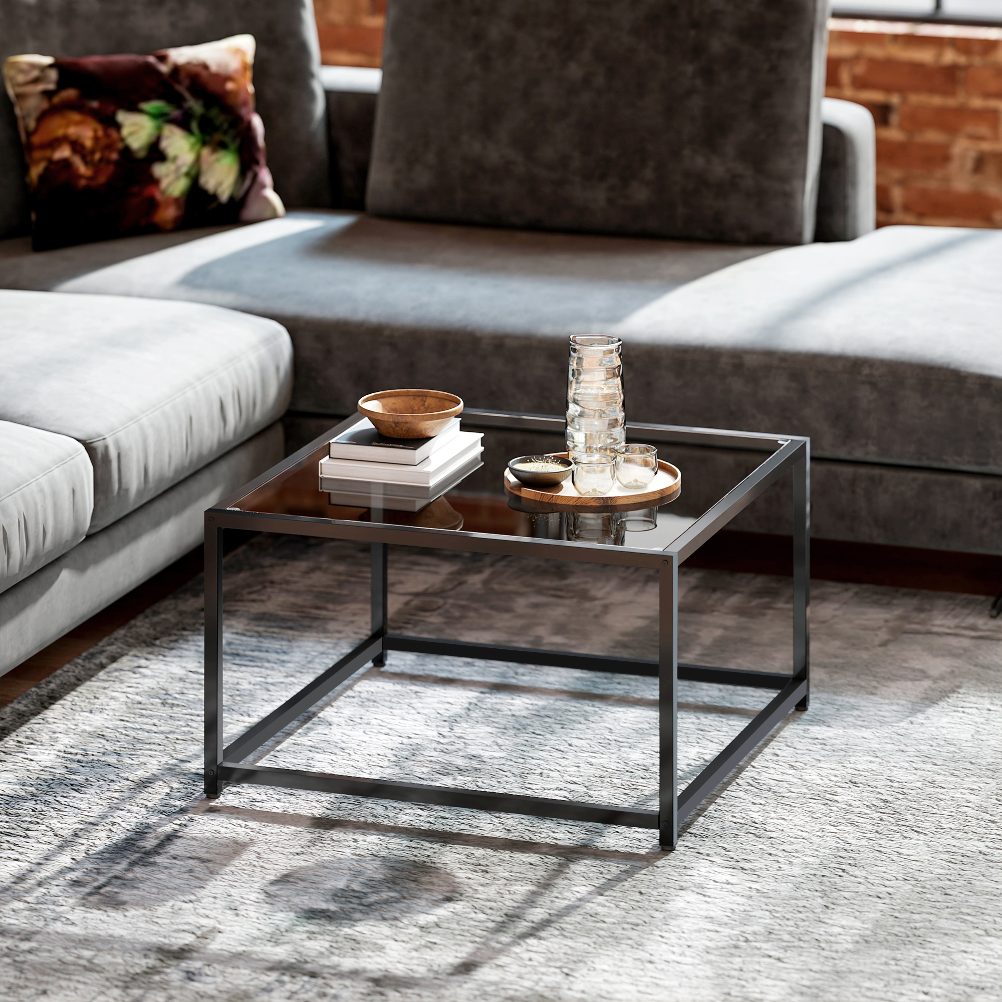 Beistelltisch Quadratisch Nachttisch mit Hartglas-Tischplatte, Couchtisch mit Beinen aus Stahl 68 x 68 x 39 cm Schwarz