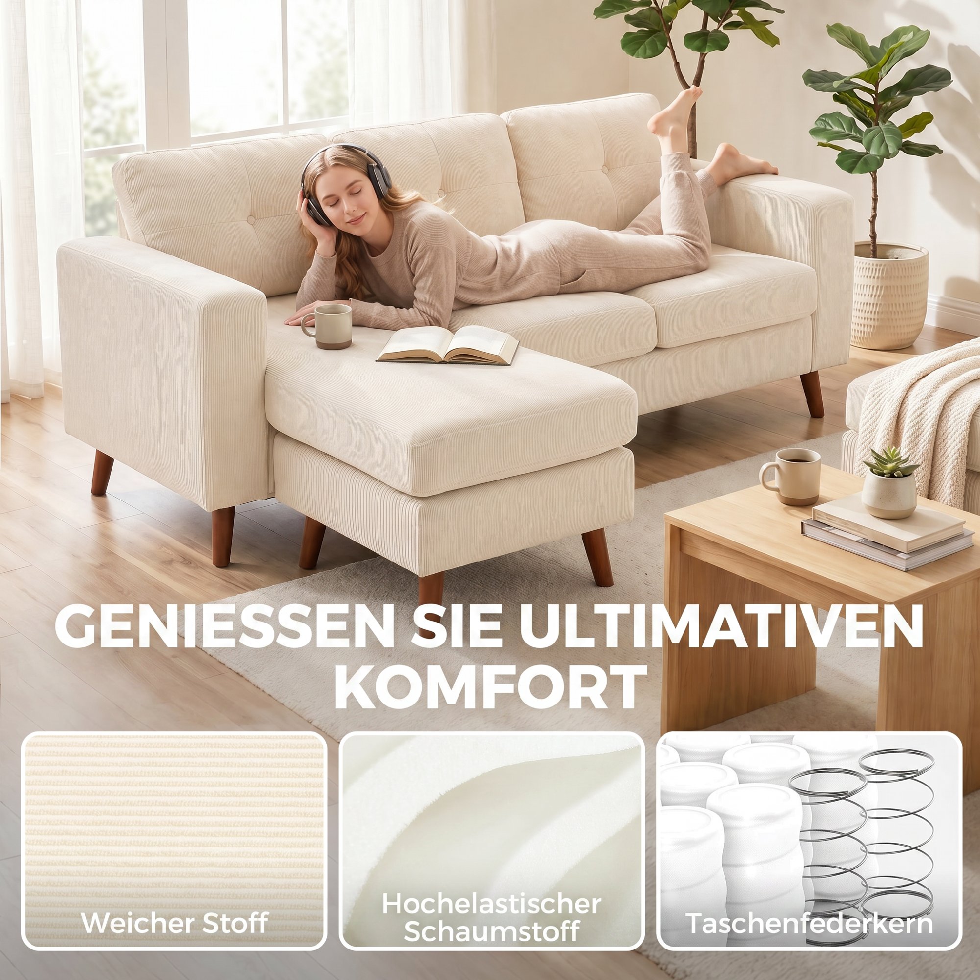 Ecksofa 192 cm L-Form 3-Sitzer Sofa mit umkehrbarer Chaiselongue, Cord-Optik, für kleinen Raum, Cremeweiß