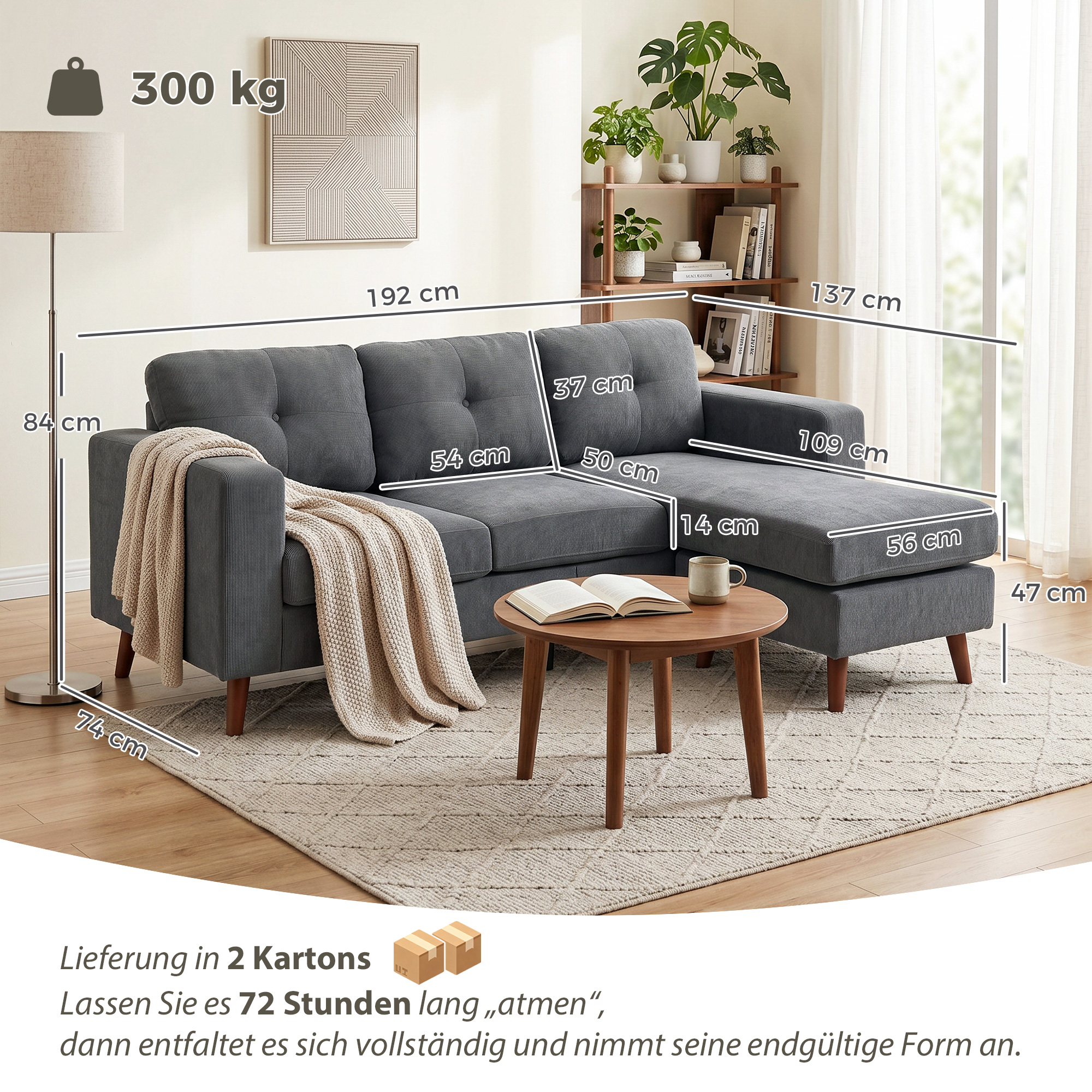 Ecksofa 192 cm L-Form 3-Sitzer Sofa mit umkehrbarer Chaiselongue, Cord-Optik, für kleinen Raum, Dunkelgrau