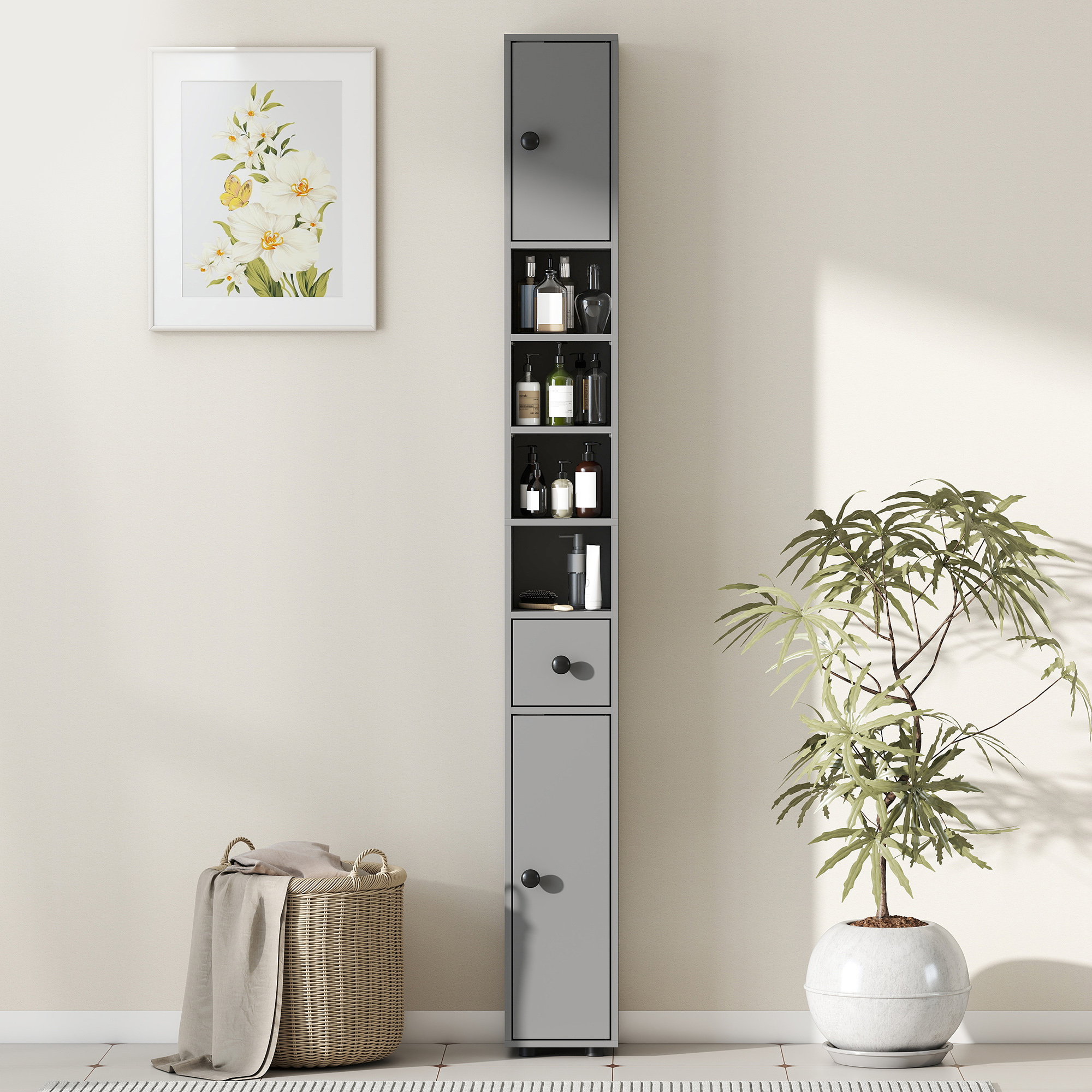 Badezimmerschrank, 4 Regale, Schublade, Spanplatte, schlankes Design, Grau