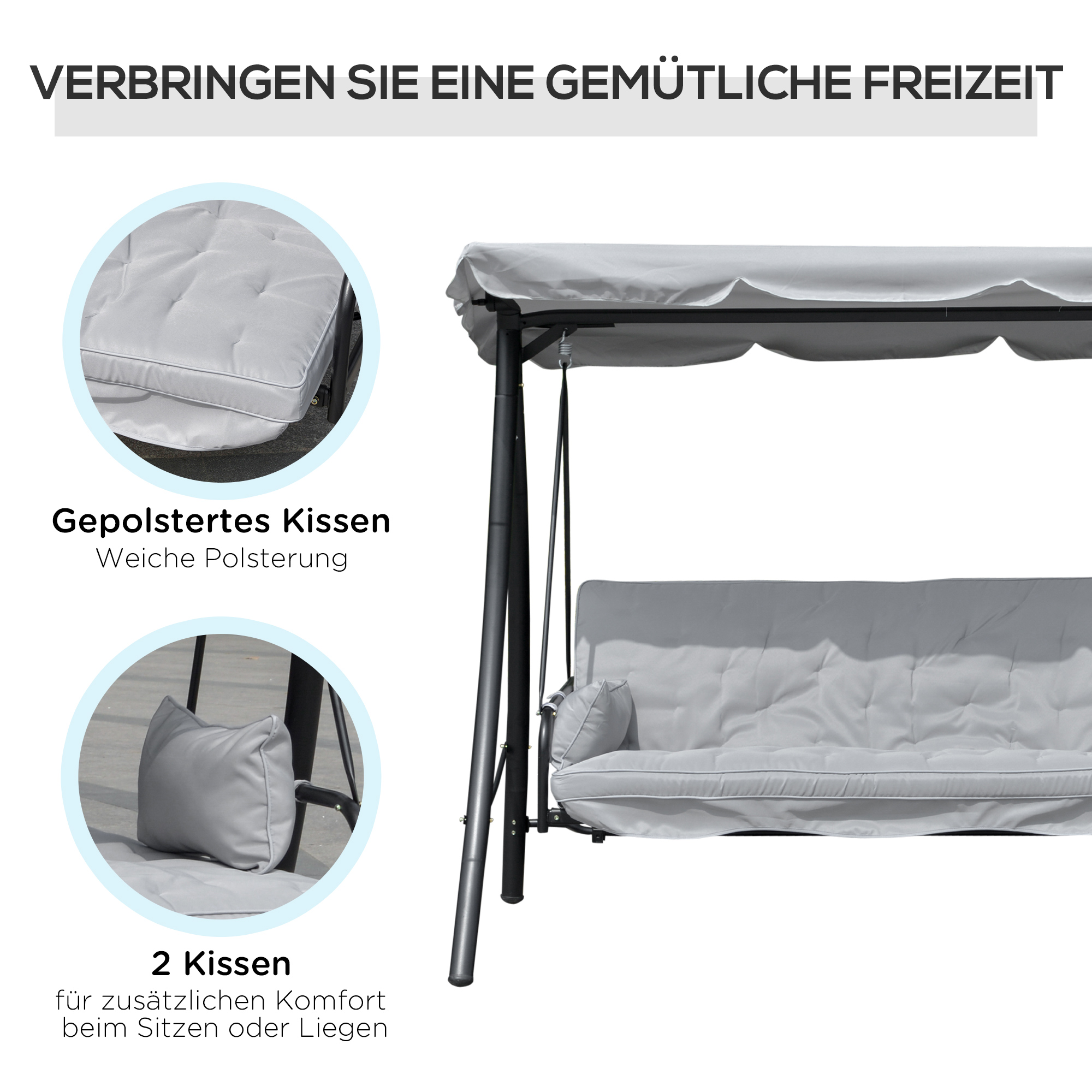 Hollywoodschaukel Gartenschaukel Schaukel Schaukelbank mit Liege-Funktion, 3 Sitzer, Metall+Polyester, Grau, 209 x 114 x 170 cm