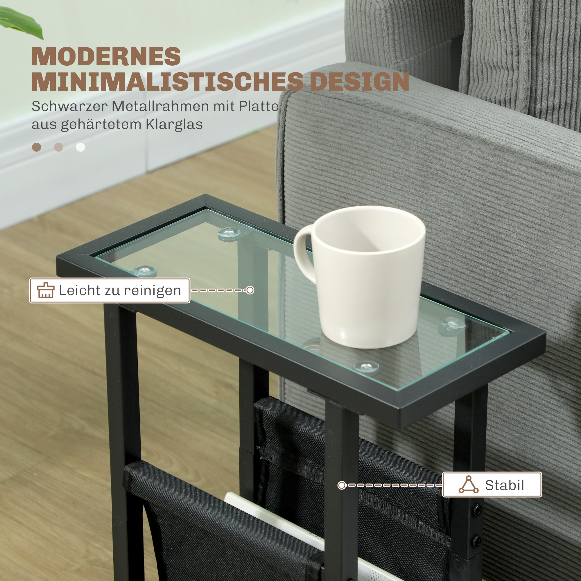 Beistelltisch aus Metall mit Stofftasche und Glasplatte, schmaler Tisch für Wohnzimmer, Schlafzimmer, Schwarz
