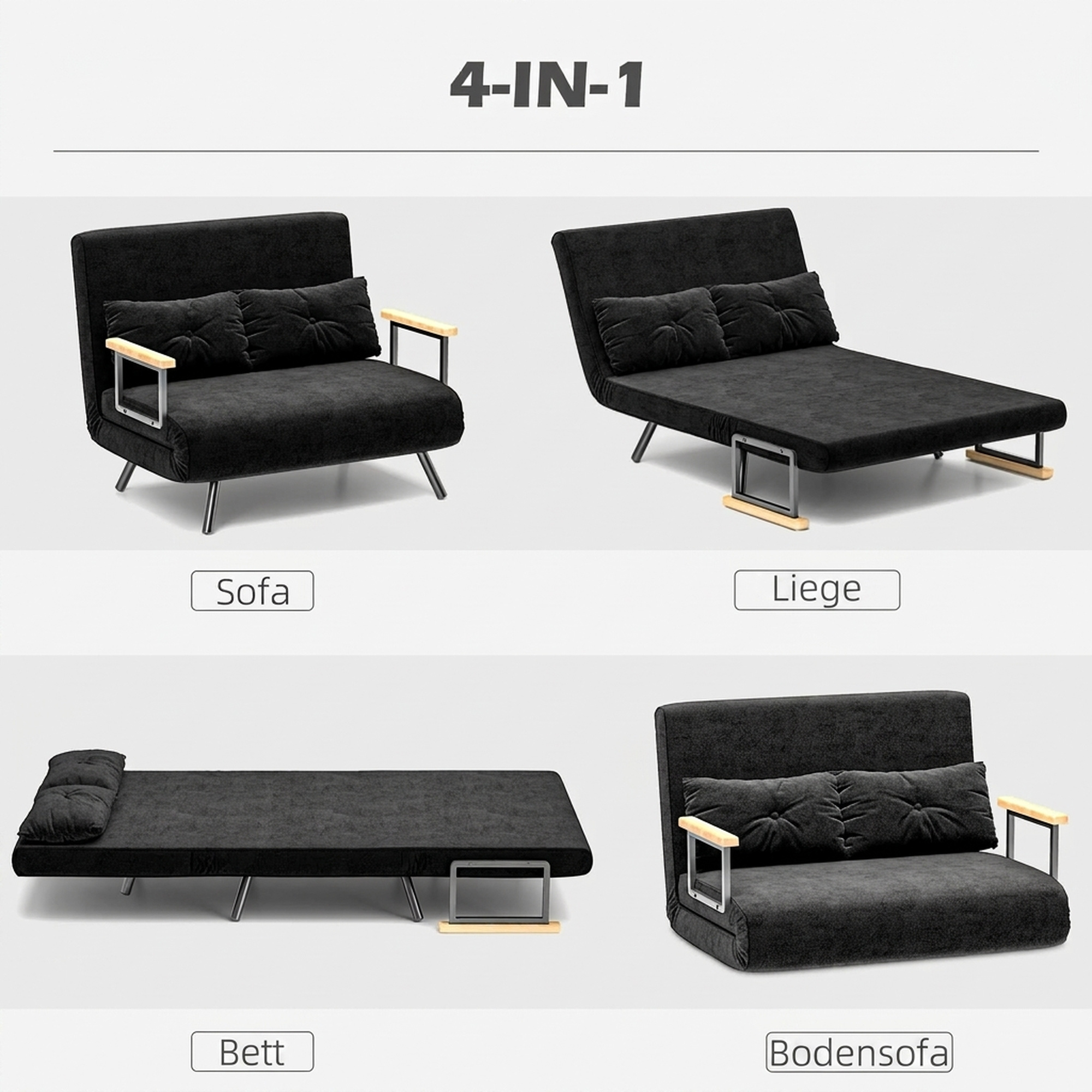 Schlafsofa 2er-Sofa Samtsofa, Schlaffunktion, inkl. 2 Kissen, Samtoptik, Schwarz