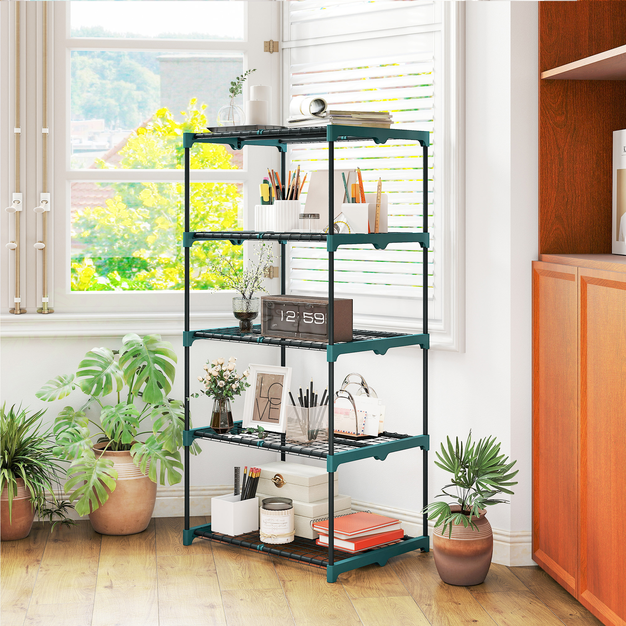 5-Etagen Pflanzenständer, 138 cm hoch Blumenständer für Innen Außen, Pflanzenregal aus Stahl Dunkelgrün
