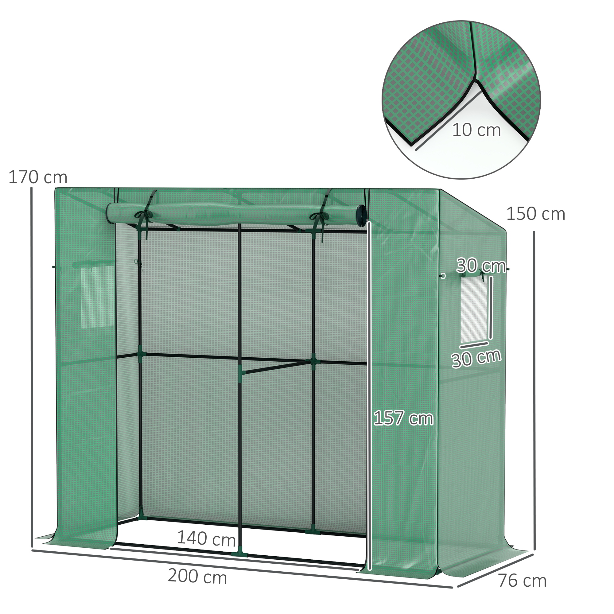 Mini-Gewächshaus, Anlehn-Gewächshaus mit Rolltür und Netzfenstern, UV-beständig, für Blumen, Setzlinge, Pflanzen, Grün