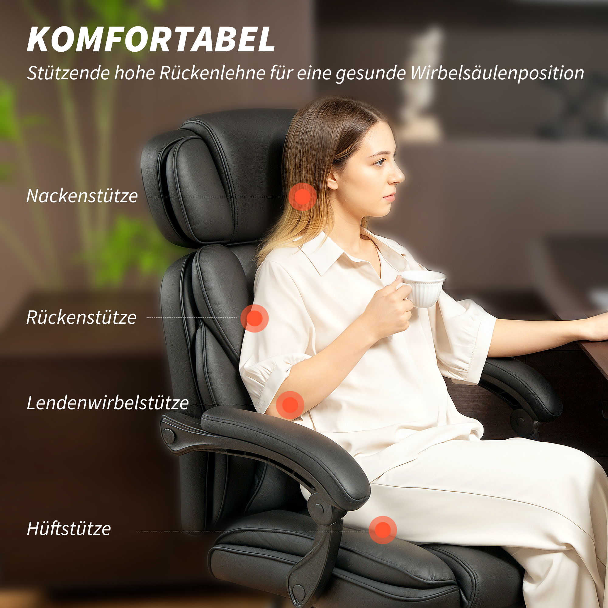 Bürostuhl Ergonomischer Höhenverstellbarer Drehstuhl mit Lendenwirbelstütze, Armlehne, Fußstütze, PU-Leder, Schwarz