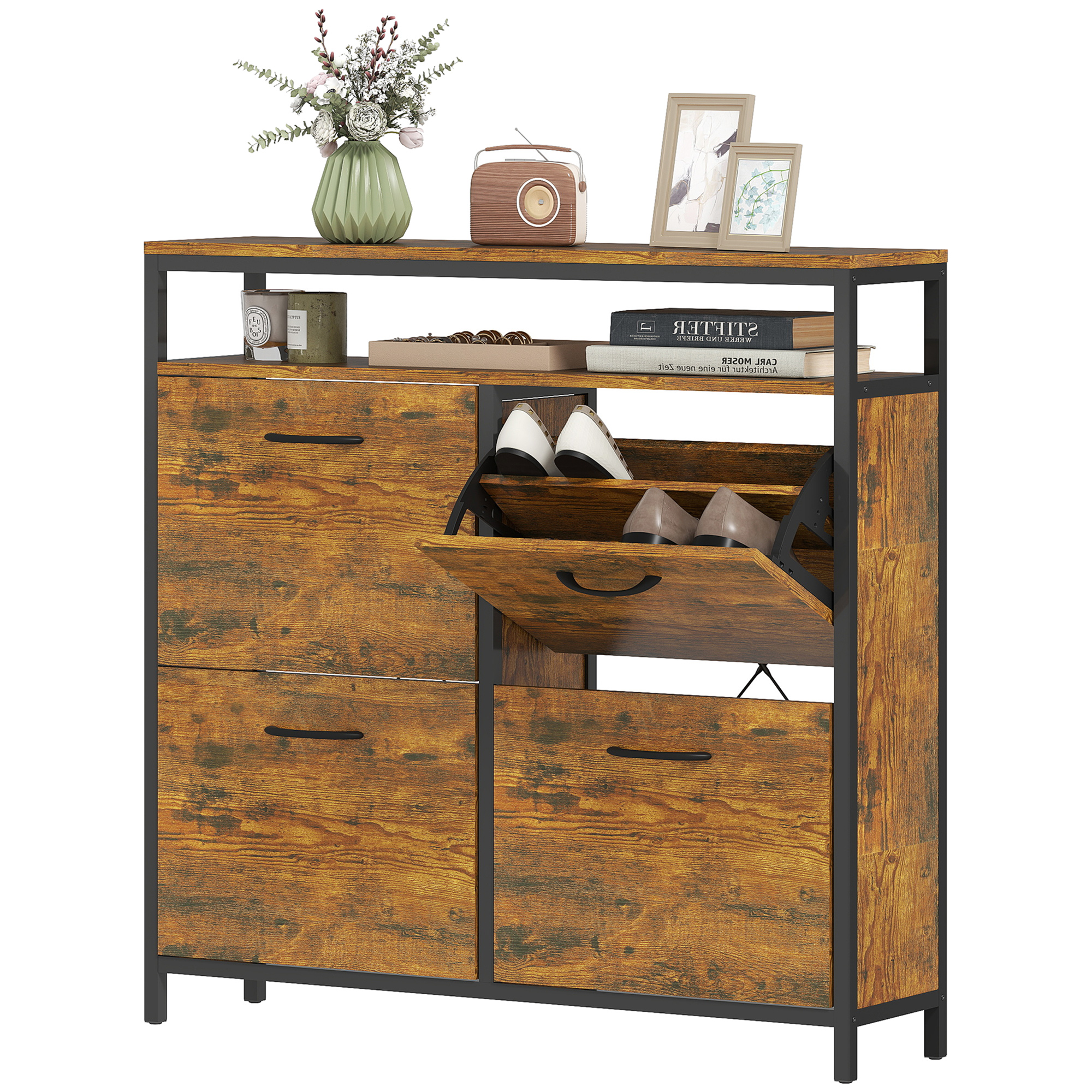 Schuhschrank mit 4 klappbaren Schubladen, schmales Design, offenes Regal, für 12-20 Paar Schuhe, Stahl, Braun