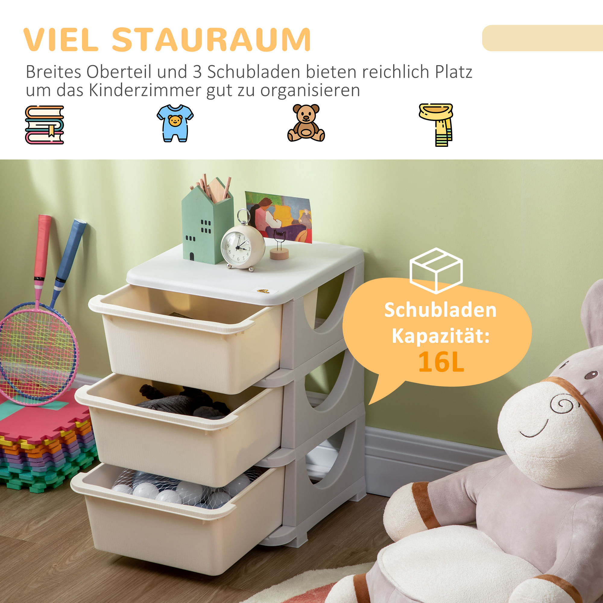 Aufbewahrungsboxen für Kinder, 3 große Schubladen, runde Kanten, Kunststoff, 37x37x56,5 cm, Cremeweiß
