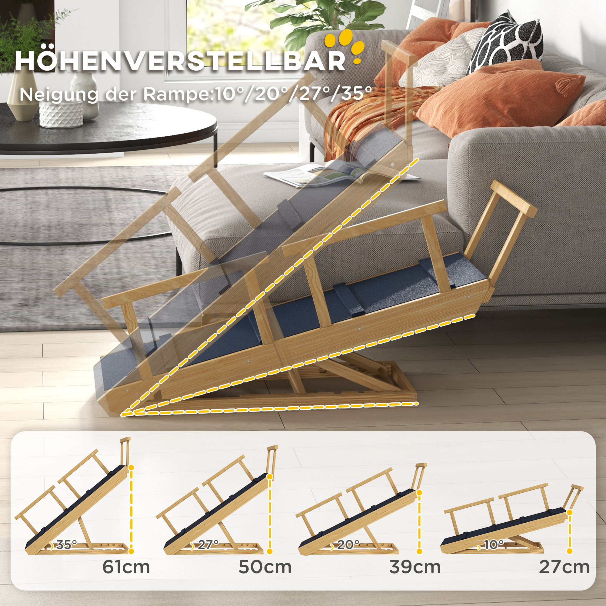 Hunderampe, höhenverstellbar, klappbar, Geländer, für Hunde bis 40kg, Holzrahmen, 85 x 40 x 61 cm, Schwarz