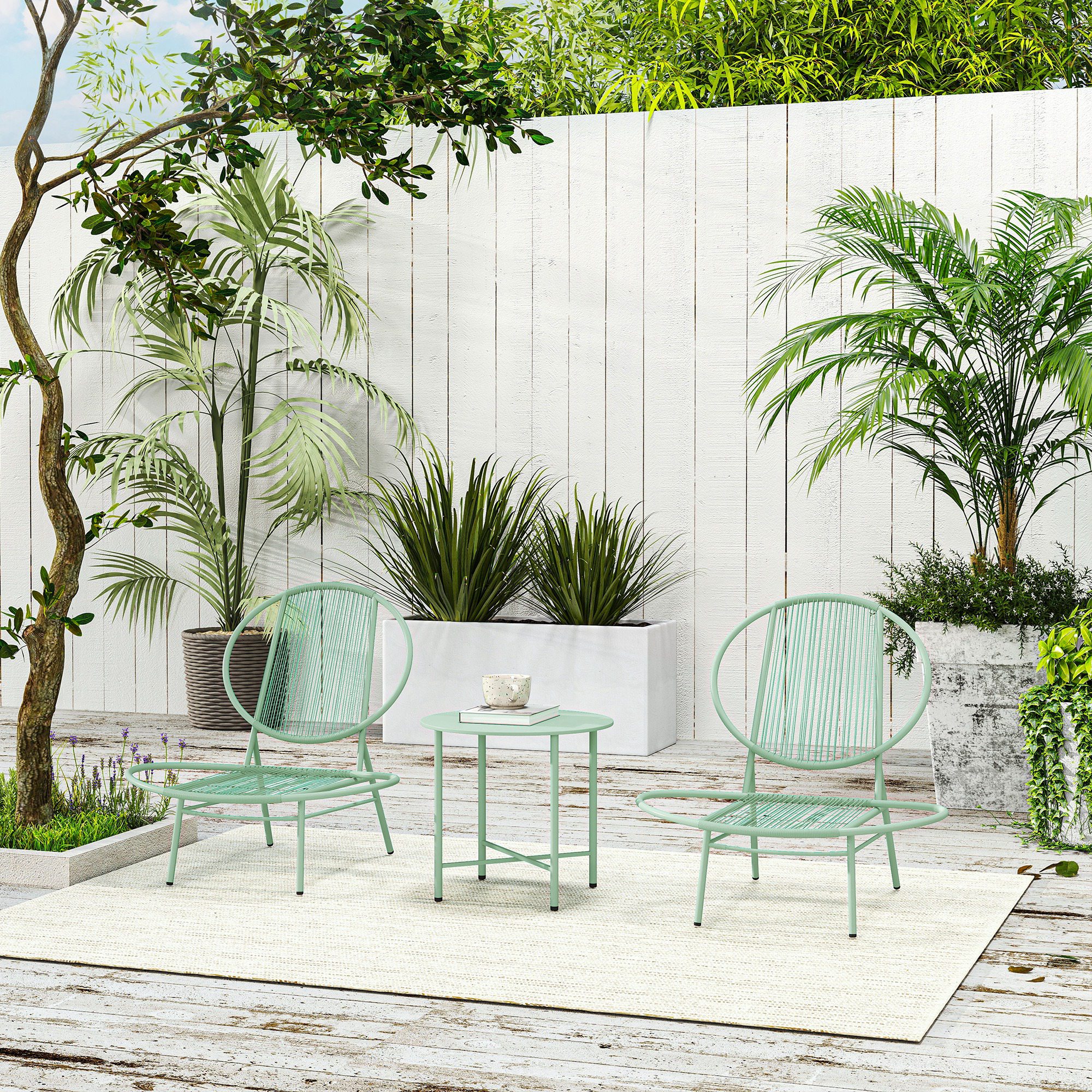 Bistro-Set 3-teilig aus Polyrattan Wetterfest Gartenmöbel Set mit Bistrotisch Muschelförmige Gartenstühlen Grün