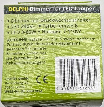 DELPHI Dimmer für LED Lampen / 250V~/ 3-60W, inkl. Rahmen, UP, weiß