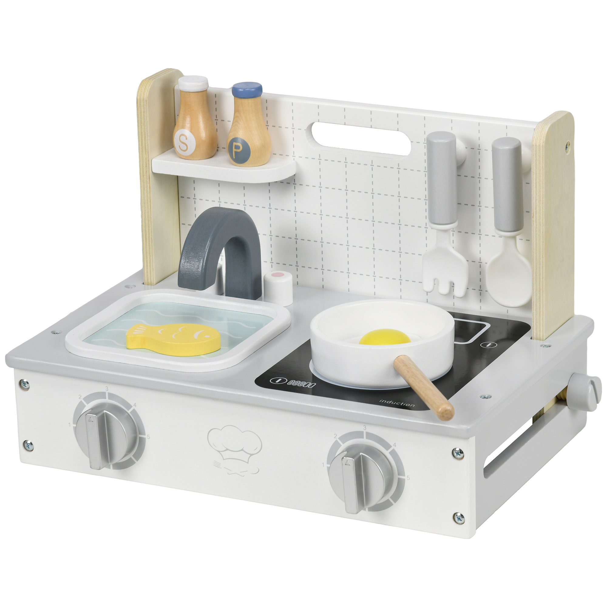 Kinderküchen-Set, 10-teilig, mit Gewürzflaschen, Topf, Ei, Fisch, 36x21,5x25 cm, Grau/Gelb Kinderküchen-Set, 10-teilig, mit Gewürzflaschen, Topf, Ei, Fisch, 36x21,5x25 cm, Grau/Gelb