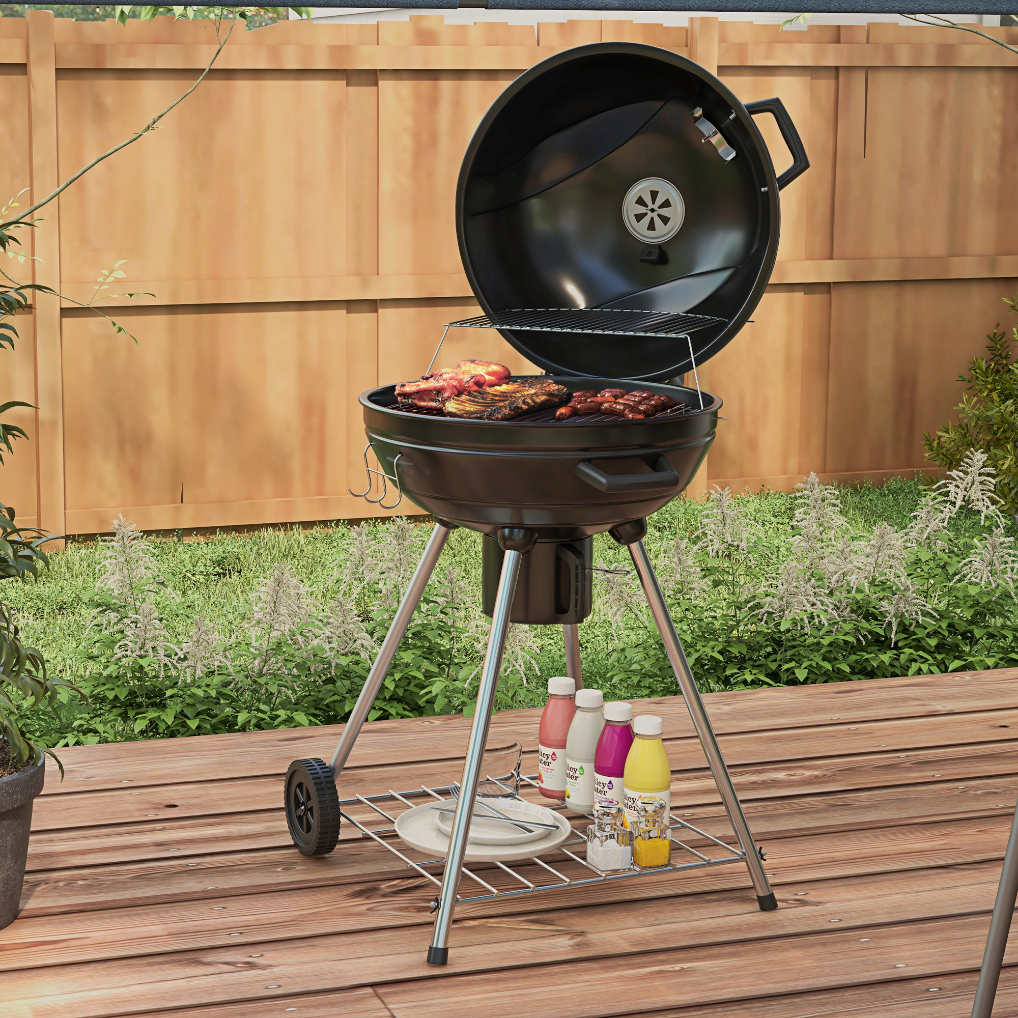Kugelgrill, Ø54 cm Grillrost, Warmhalterost, Ablage, Aschefach, Thermometer, 55 x 65 x 89 cm, Schwarz