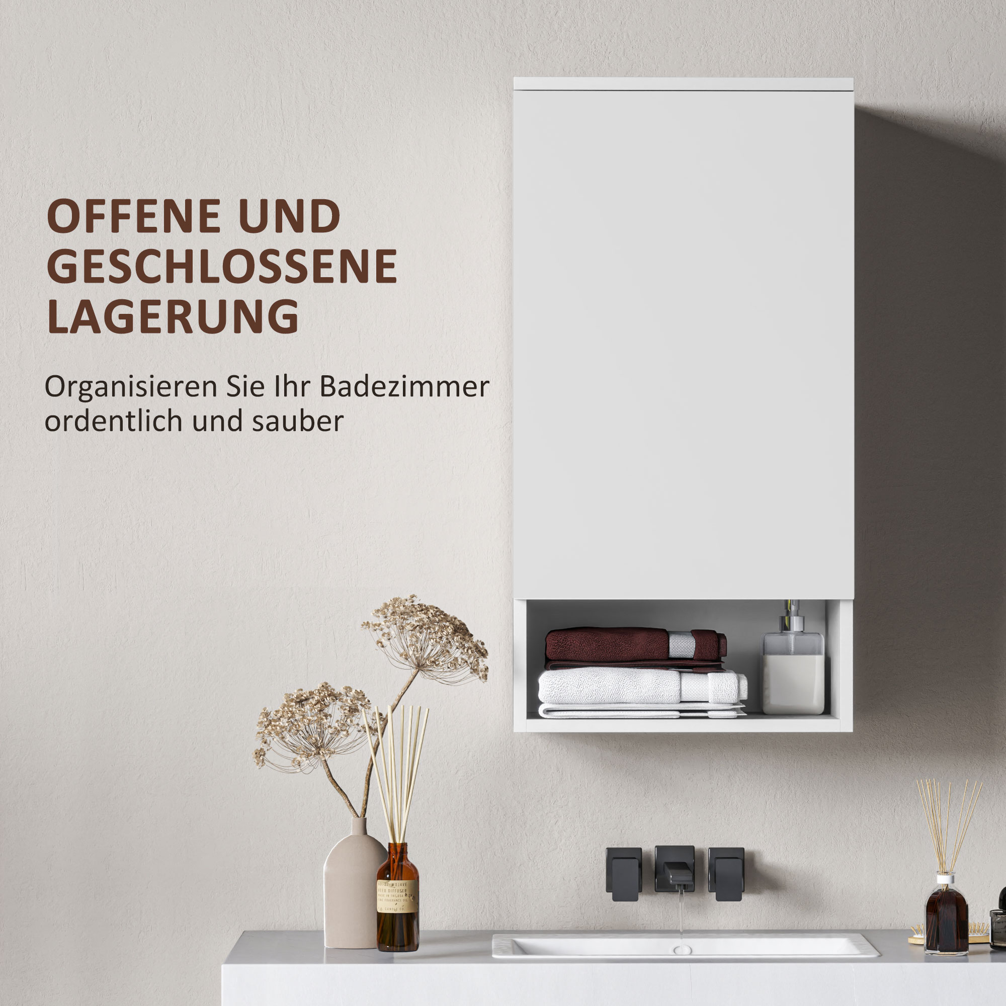 Wandmontierter Badezimmerschrank, Wandschrank für Badezimmer mit verstellbaren Ablagen, offenem Fach, Holz, Weiß