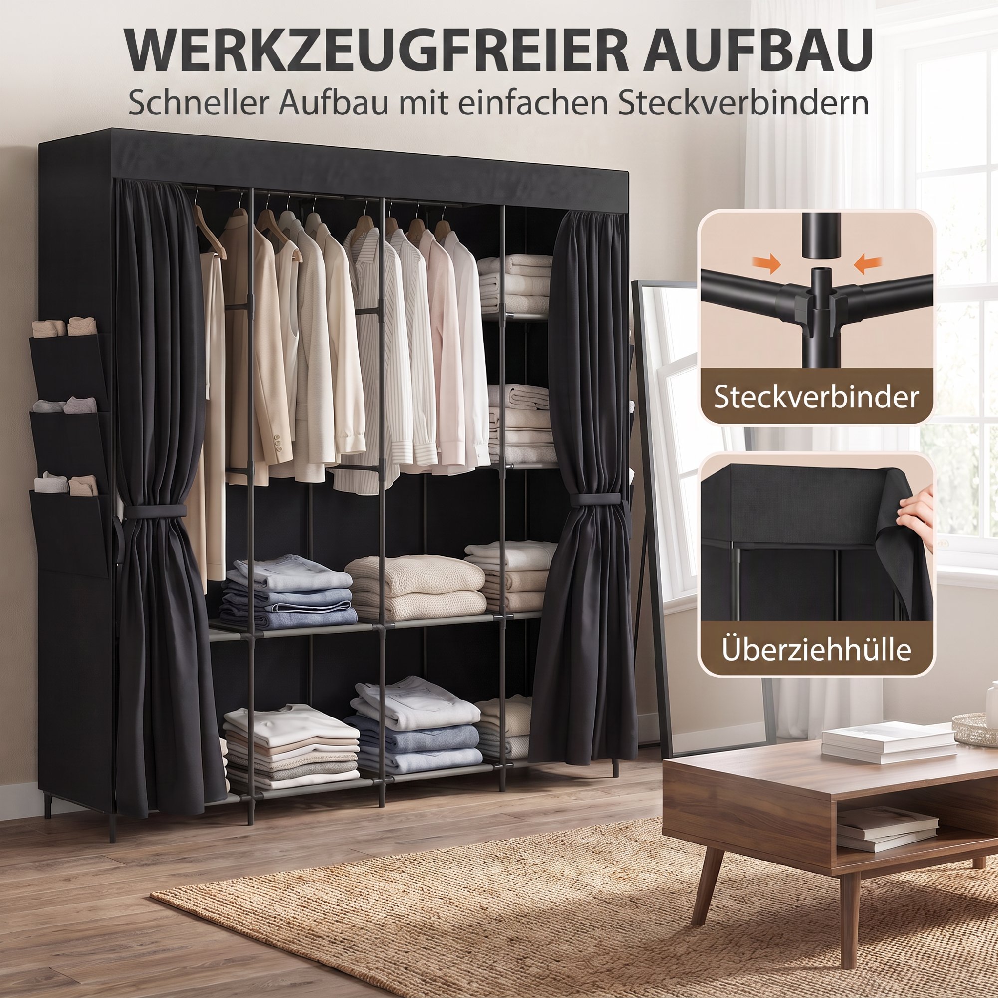 Stoff-Kleiderschrank, staubdicht, tragbar, 5 Kleiderstangen, 170 x 45 x 167 cm, Schwarz