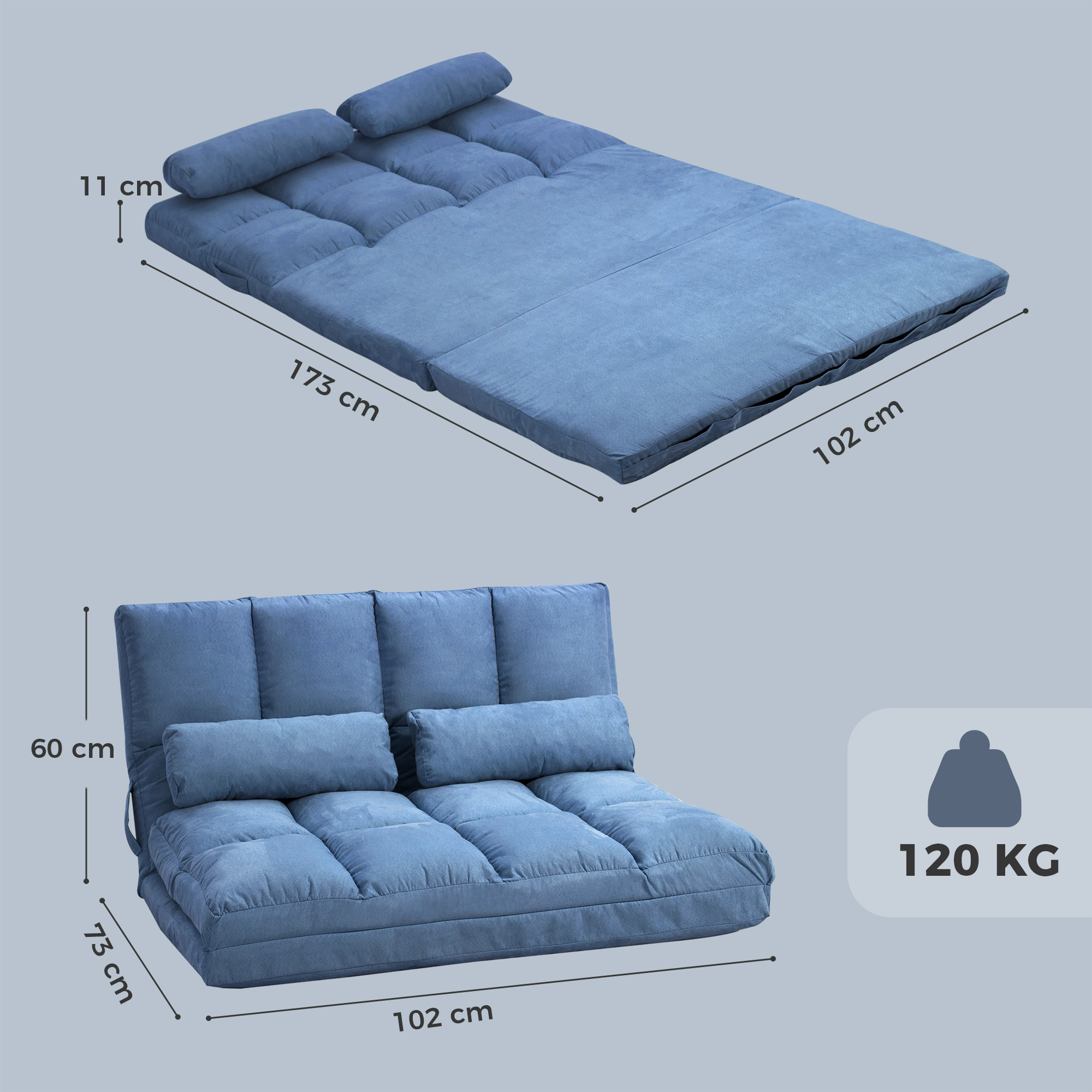 Bodensofa Schlafsofa Sofa, klappbar, verstellbare Rückenlehne, 102 cm x 73 cm x 60 cm , Blau