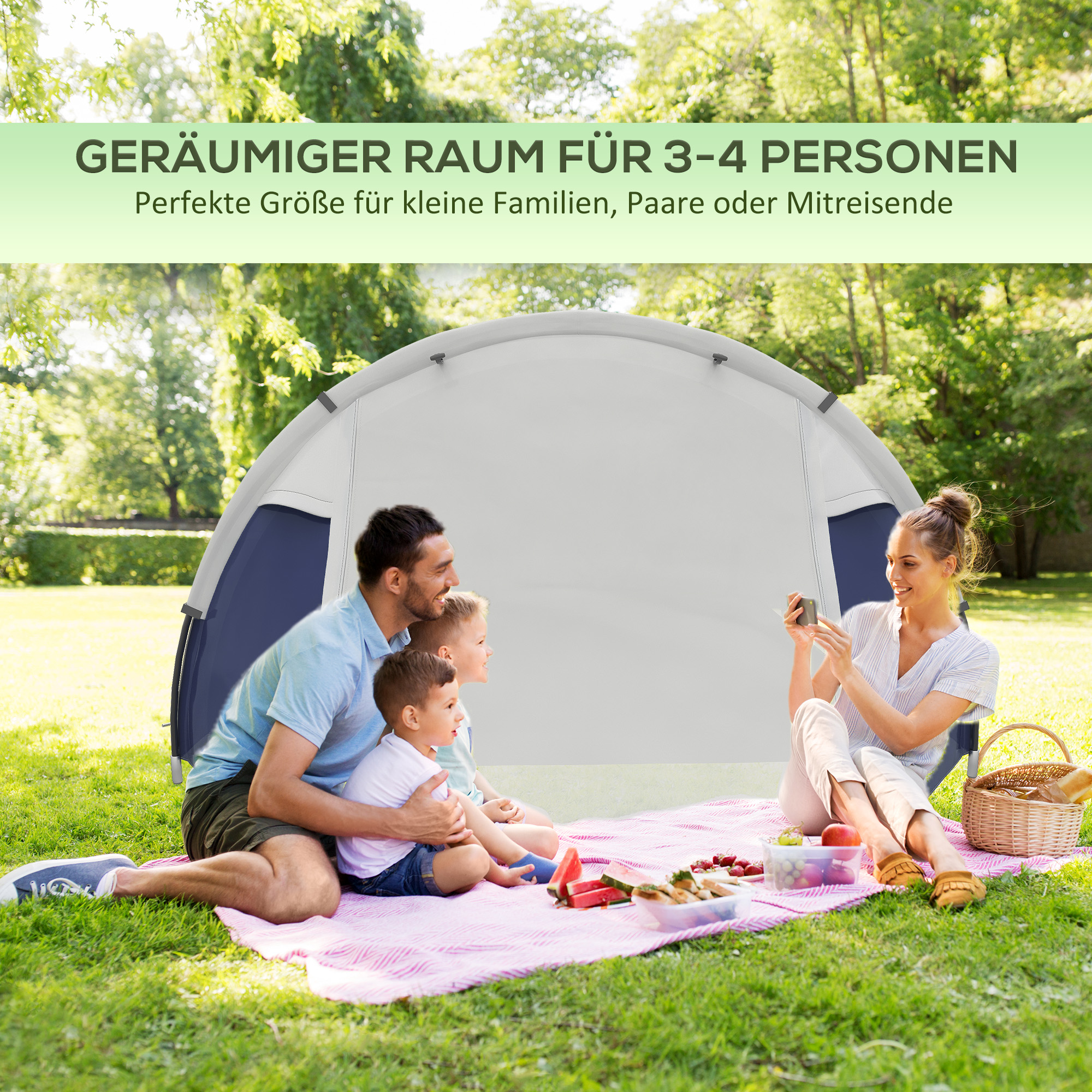 Campingzelt für 3-4 Personen, robust, mit Tragetasche, 2 Öffnungen, Zubehör, Blau