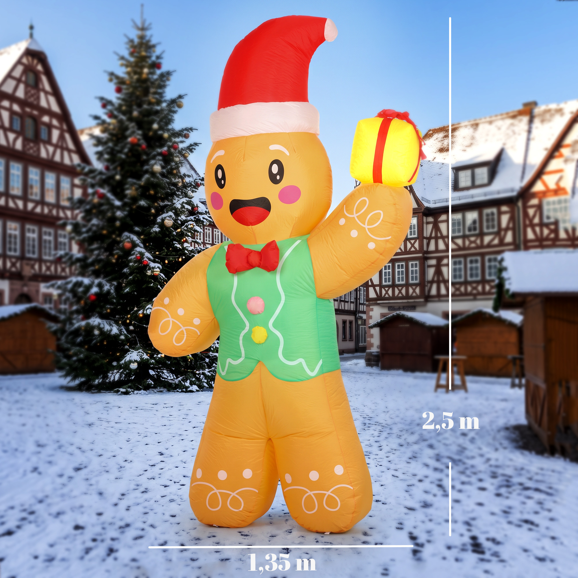 Aufblasbarer Weihnachts-Lebkuchenmann, 250 cm, mit Geschenkbox und LEDs, für außen