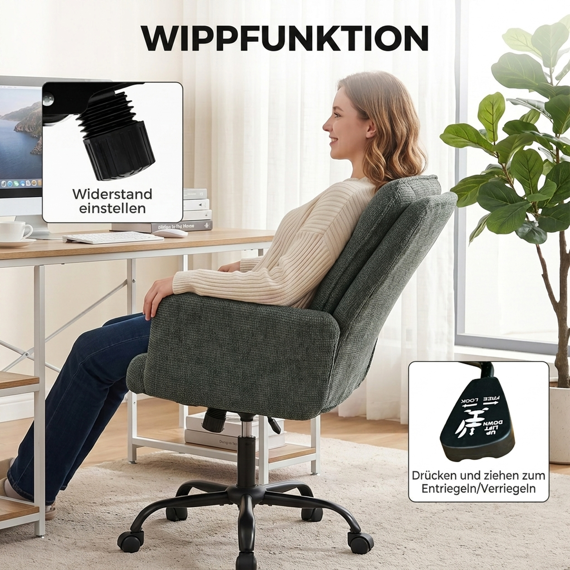 Homeoffice-Schreibtischstuhl, Computerstuhl mit breiter Sitzfläche, mittlerer Rückenlehne, Leinenoptik, Dunkelgrün