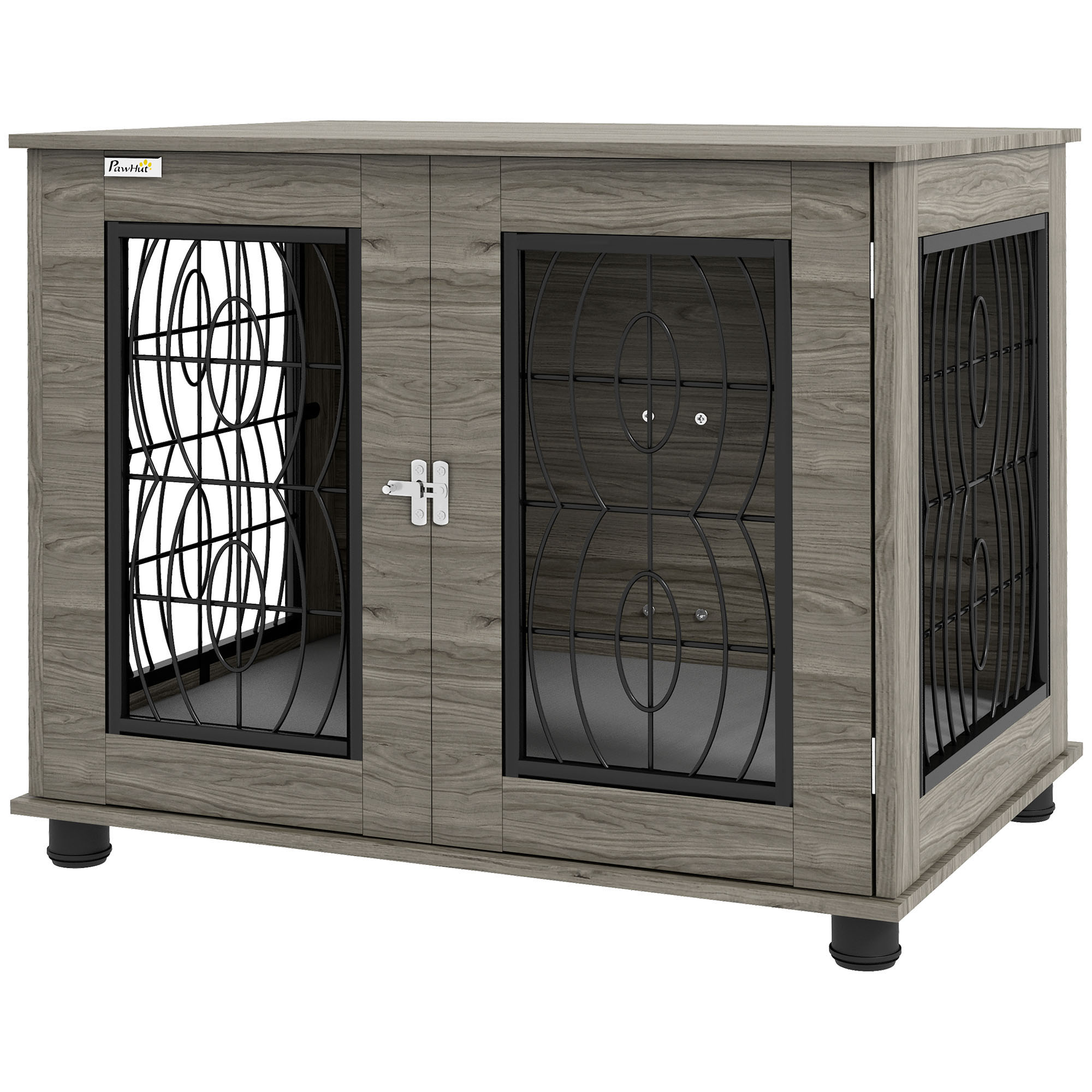 Hundebox mit Liegekissen, bis 20kg/50cm Körperlänge, Metall, 80x56x63cm, Grau/Holzdekor Hundebox mit Liegekissen, bis 20kg/50cm Körperlänge, Metall, 80x56x63cm, Grau/Holzdekor