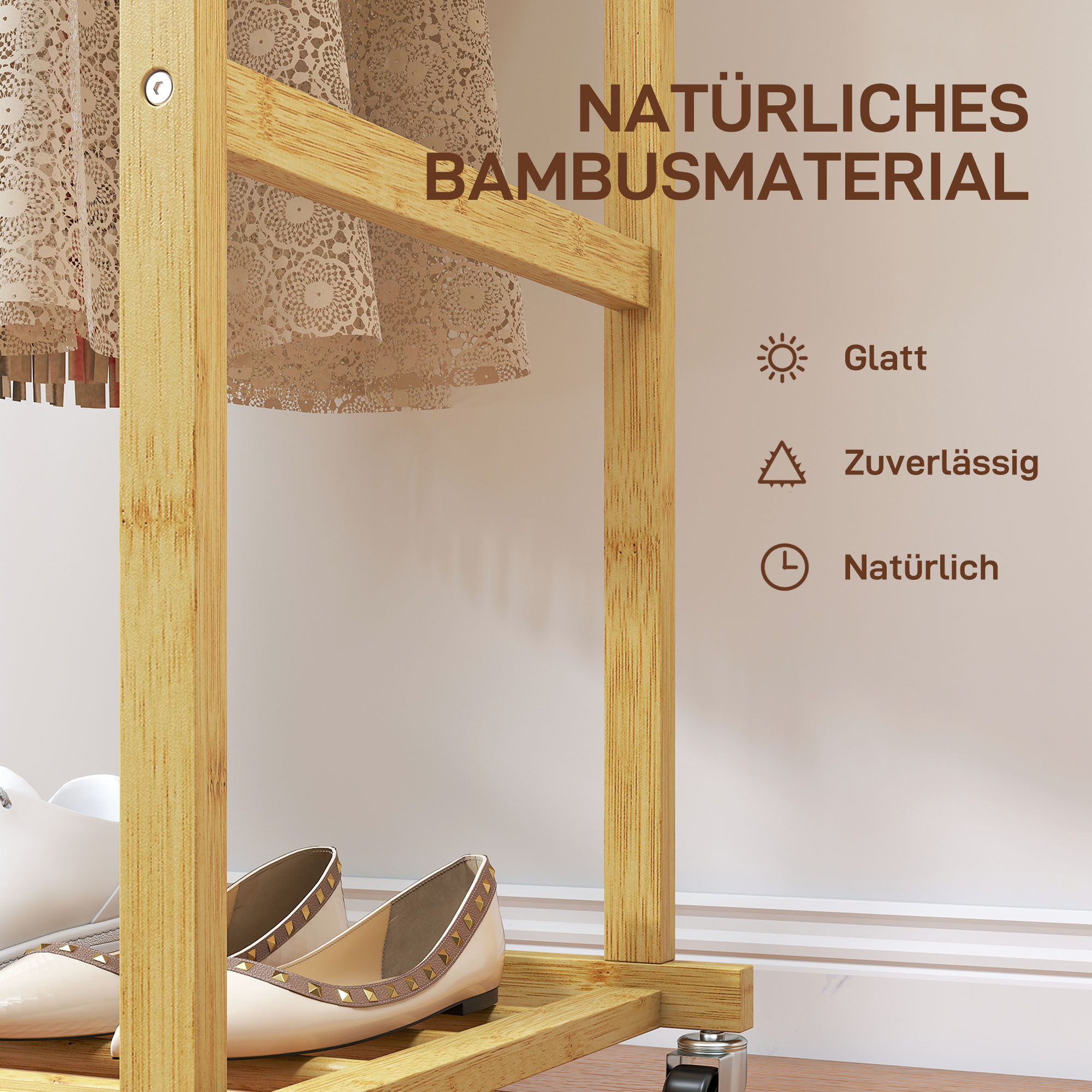 Kleiderständer mit Rollen, Garderobenständer mit Kleiderstange, Schuhablage, aus Bambus, 80 x 40 x 160 cm, Natur