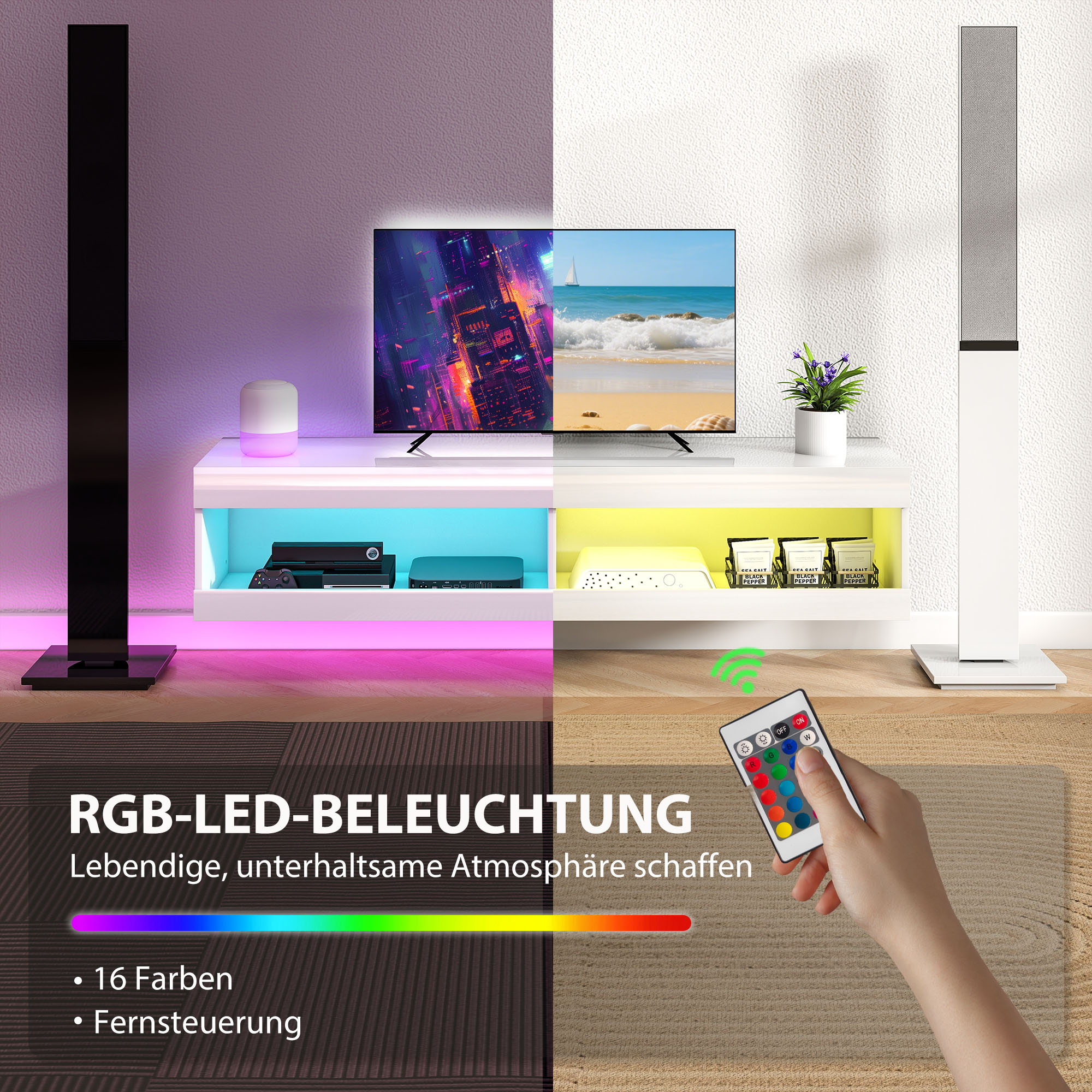 TV Schrank, Hängendes TV Lowboard mit RGB LED-Beleuchtung in 16 Farben, TV Ständer mit offenen Stauraum, für 55-60 Zoll Fernseher, für Wohnzimmer, Schlafzimmer, 140 x 40 x 30 cm, Hochglanzweiß