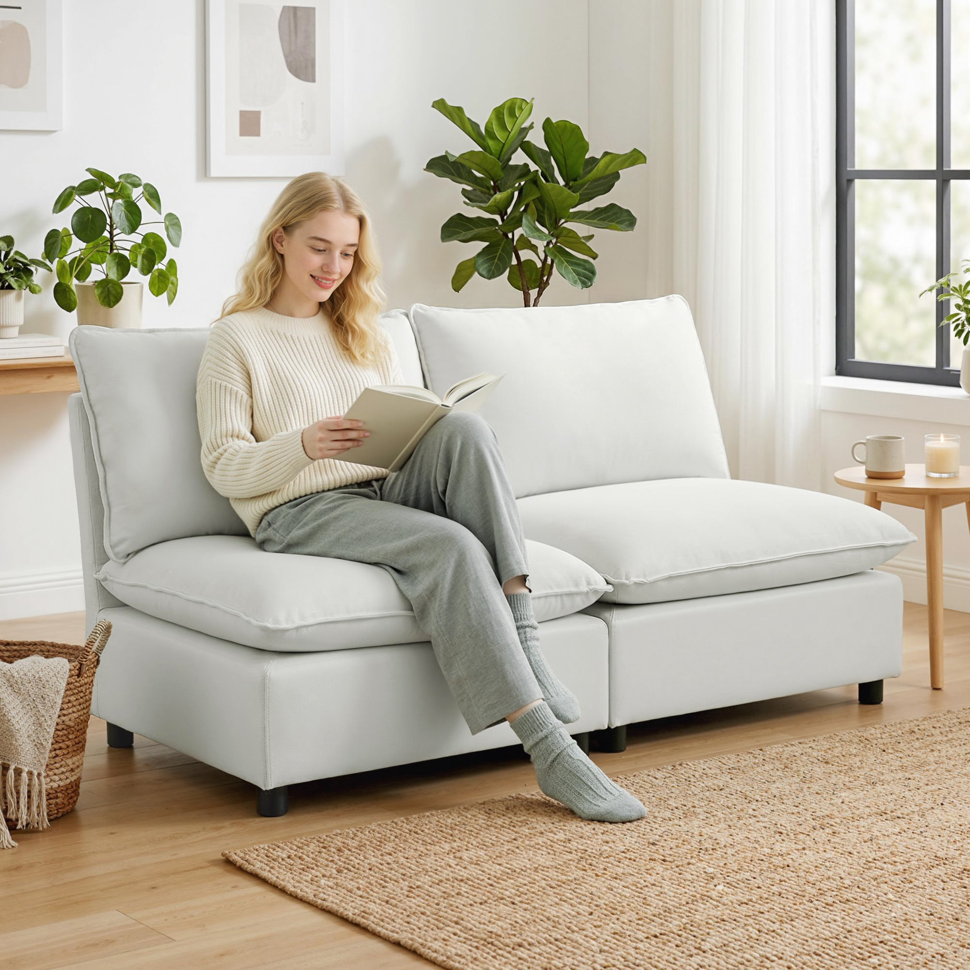 2-Sitzer-Sofa, 146 cm Kunstleder-Modularsofa mit breiter und tiefer Sitzfläche, dicken Kissen, einfache Montage, Grau