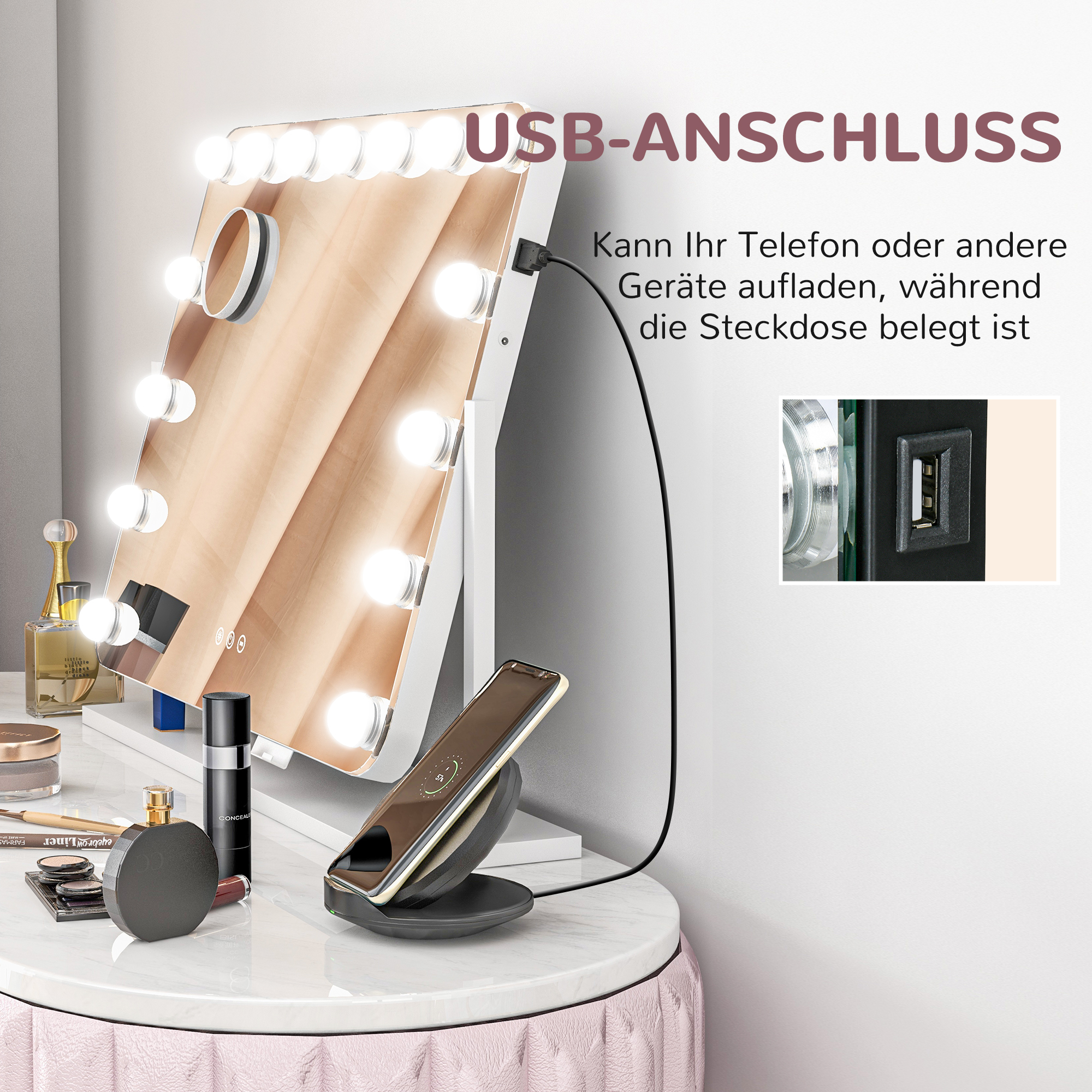 LED-Kosmetikspiegel, 3 Lichtmodi, dimmbar, Touchsteuerung, USB, 62,5 x 49,5cm, Weiß