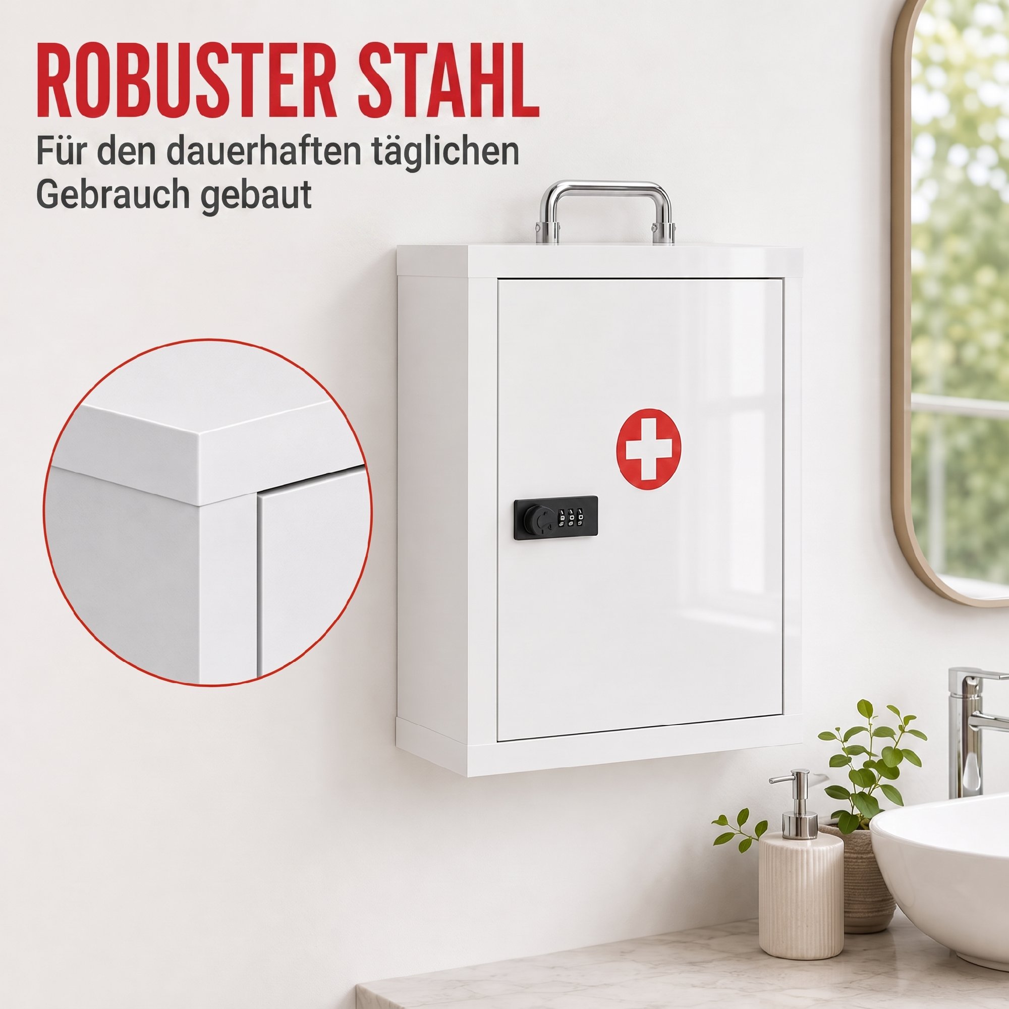 Medizinschrank zur Wandmontage mit Zahlenschloss, 3 Ebenen, abschließbarer Erste-Hilfe-Schrank aus Stahl, Weiß
