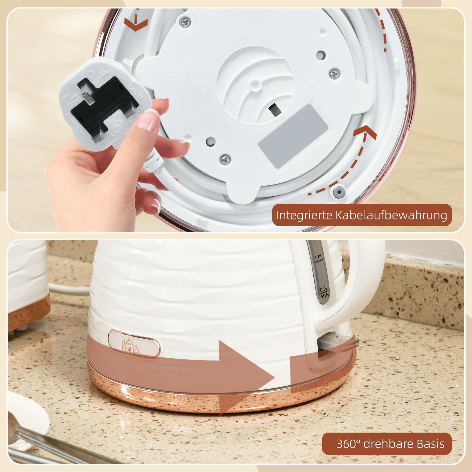 Wasserkocher, 1,7L, 2,2kW, Schnellkochfunktion mit Abnehmbarem Waschbarem Anti-Kalk-Filter