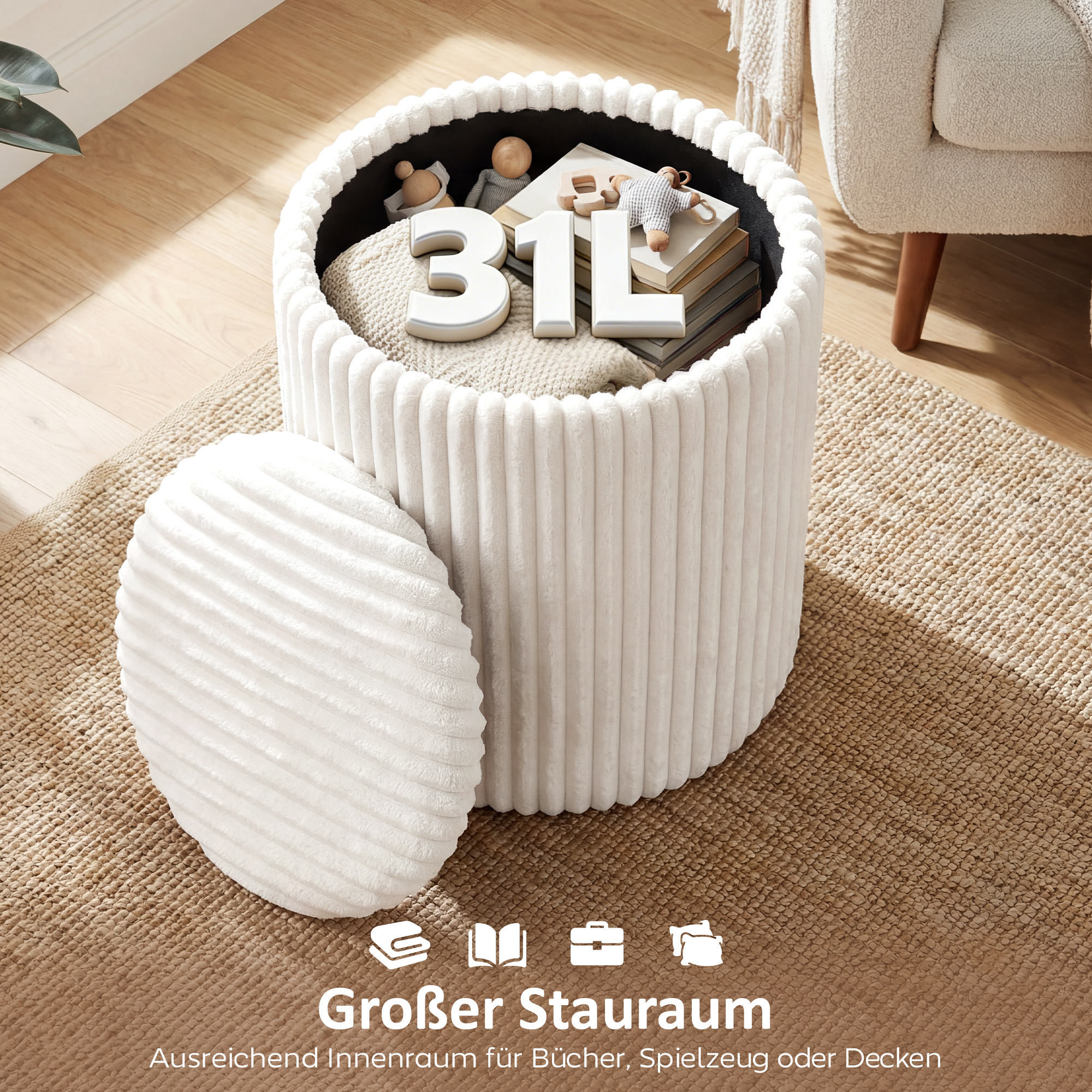 Aufbewahrungshocker mit Wendedeckel, Moderner Cord-Sitzhocker für Wohnzimmer und Schlafzimmer, Weiß