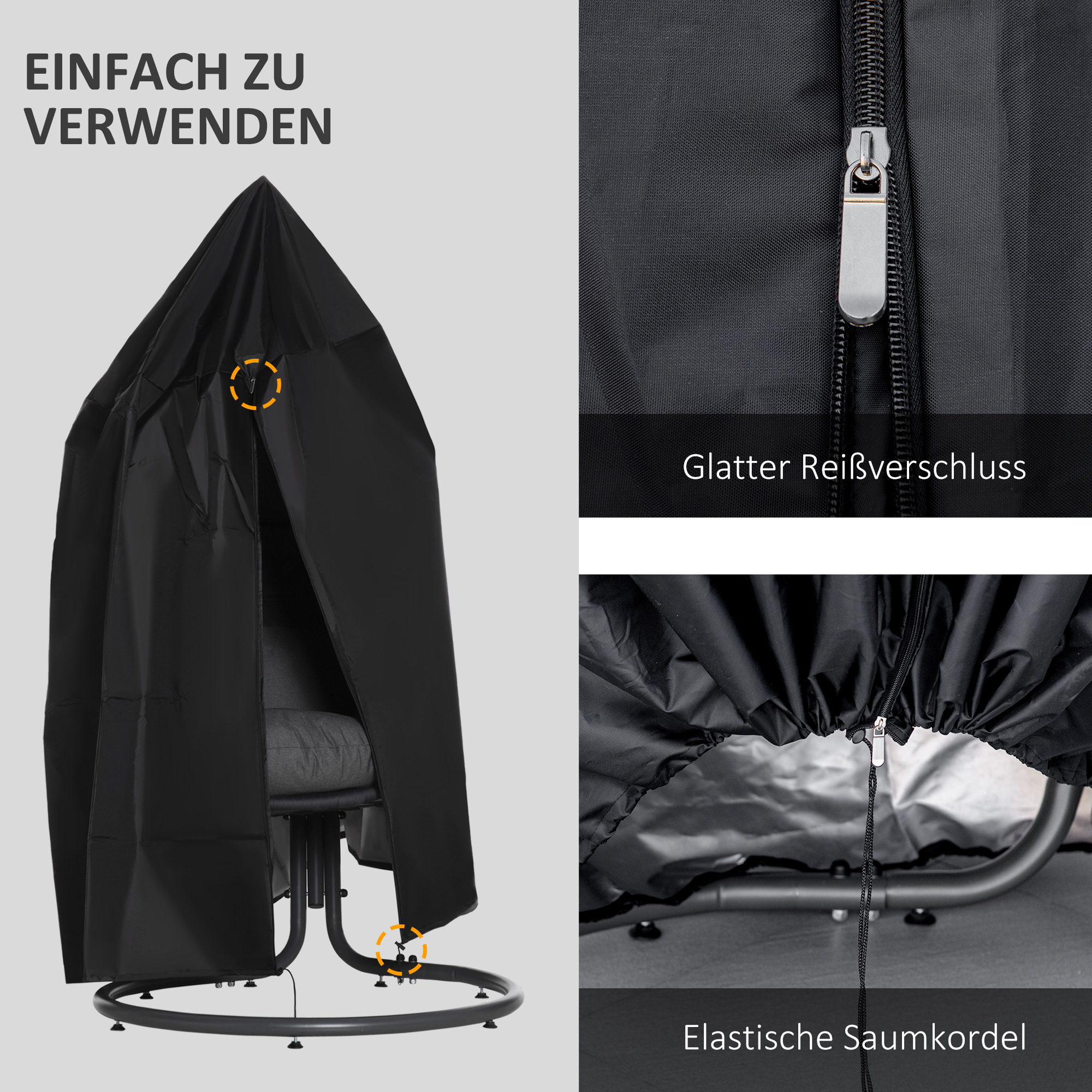Hängesessel Abdeckung Wasserdicht Winddicht Schutzhülle mit Reißverschluss 210D Oxford Abdeckhauben für Hängekorb Schwingsessel Hängestuhl Ø115 x 190H cm Schwarz