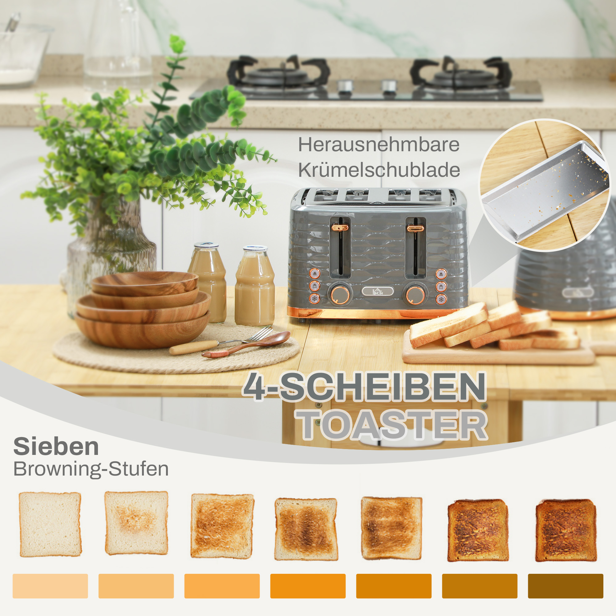 2-in-1 Toaster und Wasserkocher Set, 7 Bräunungsstufen, Auftau- und Aufwärmfunktion, Grau