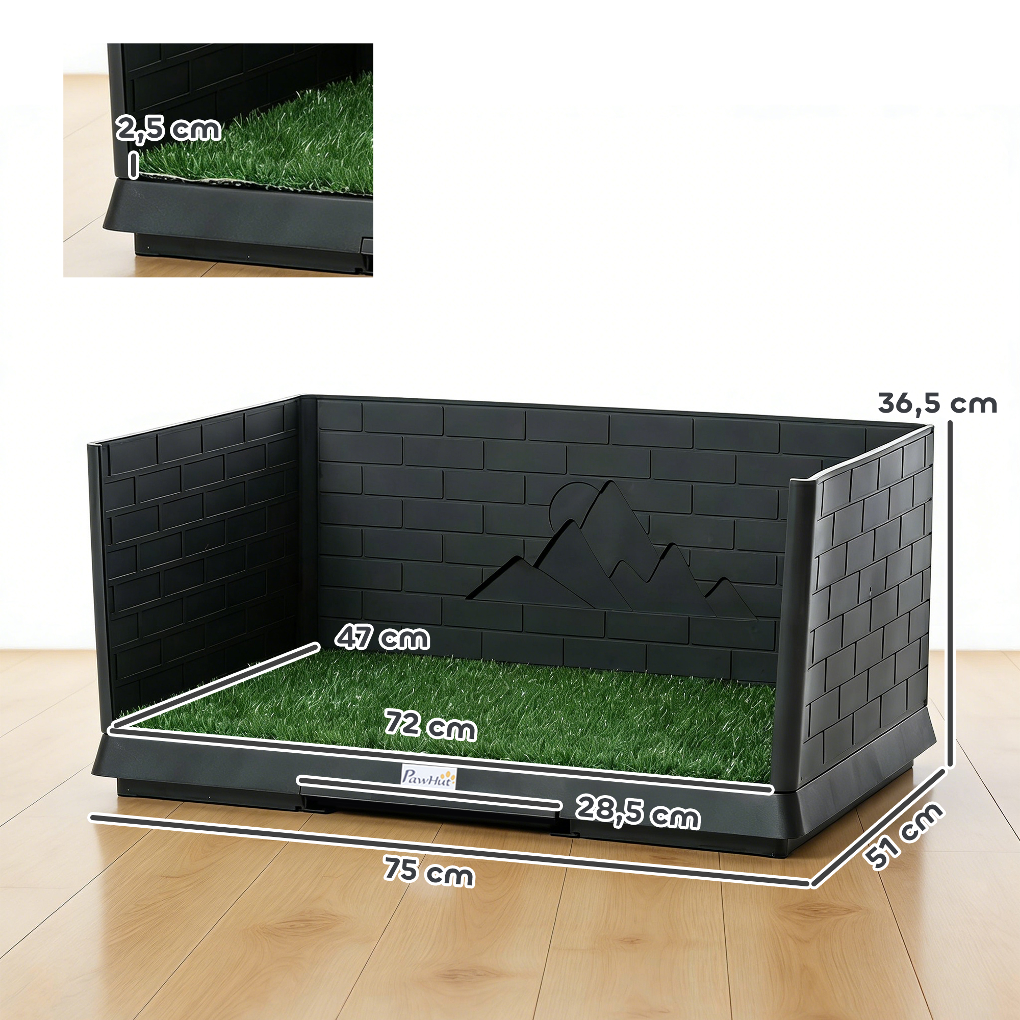 Hundetoilette 75 x 51 cm Hundeklo mit Kunstrasen Welpentoilette mit hohen Wänden herausziehbarer Schale Drainage Schwarz