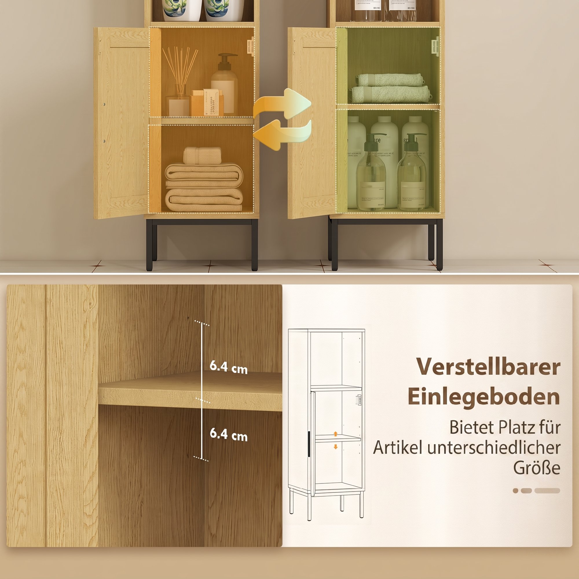 Badezimmerschrank, schmaler Badschrank freistehend mit verstellbarem Einlegeboden, Natur