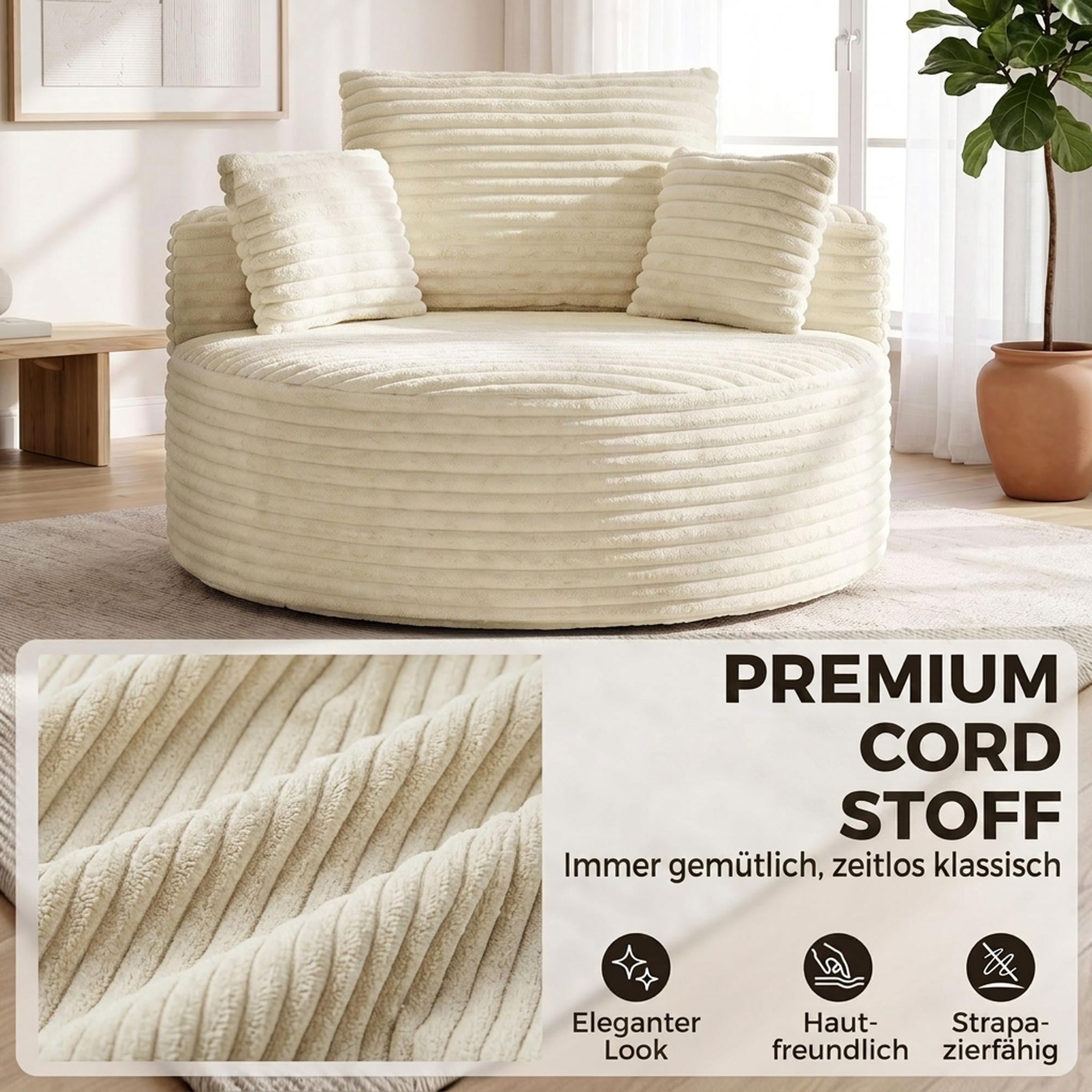 Sessel mit tiefer Sitzfläche, Einzelsofa ohne festen Rahmen, Vollschaum-Design, 4 Kissen, Cremeweiß