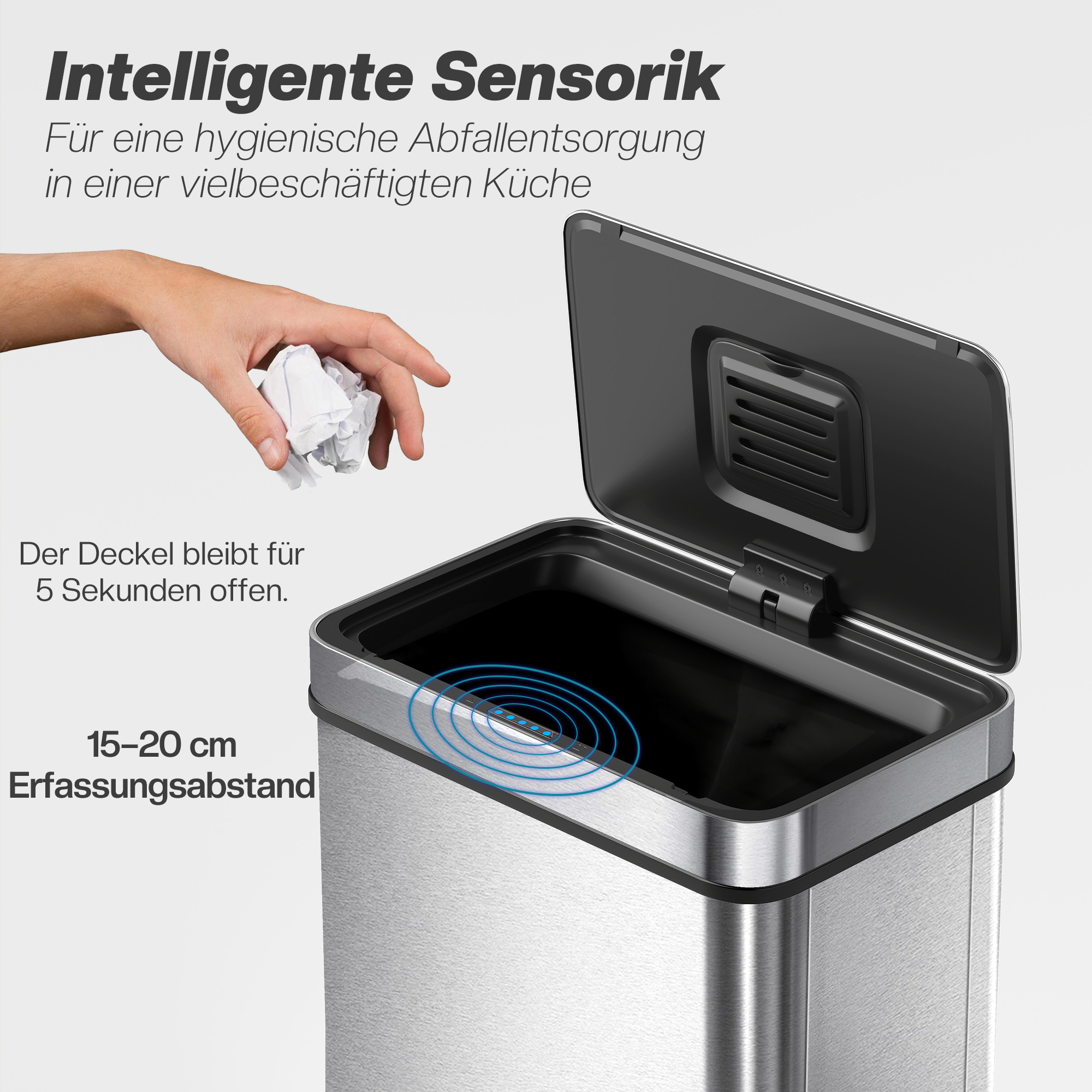 50 L Sensor-Mülleimer, automatischer Deckel, Edelstahl, vielseitig einsetzbar, Silberfarben