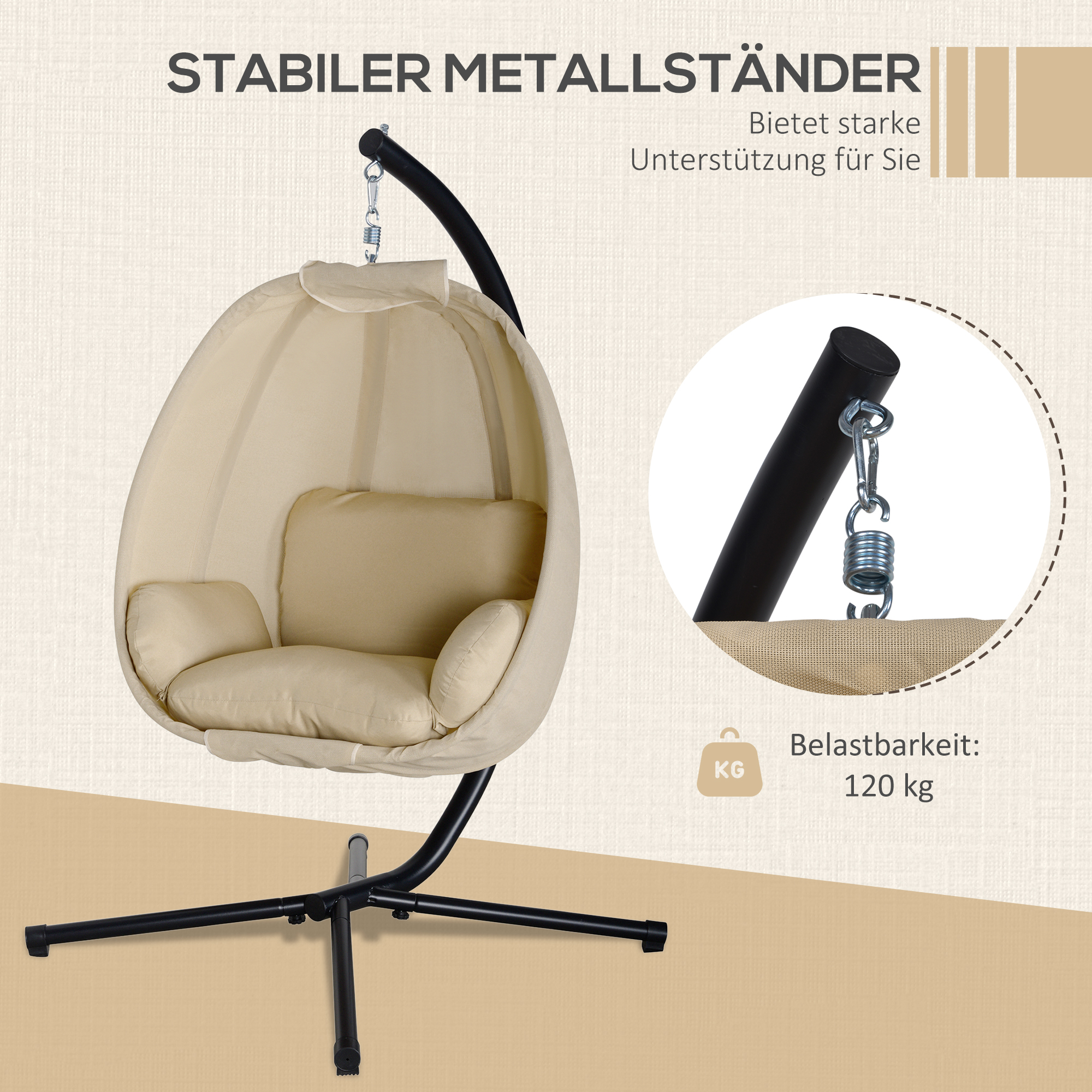Hängesessel, Eiförmiger Schaukelsitz mit weichem Kissen, für drinnen und draußen geeignet, 125L x 95B x 170H cm, Khaki