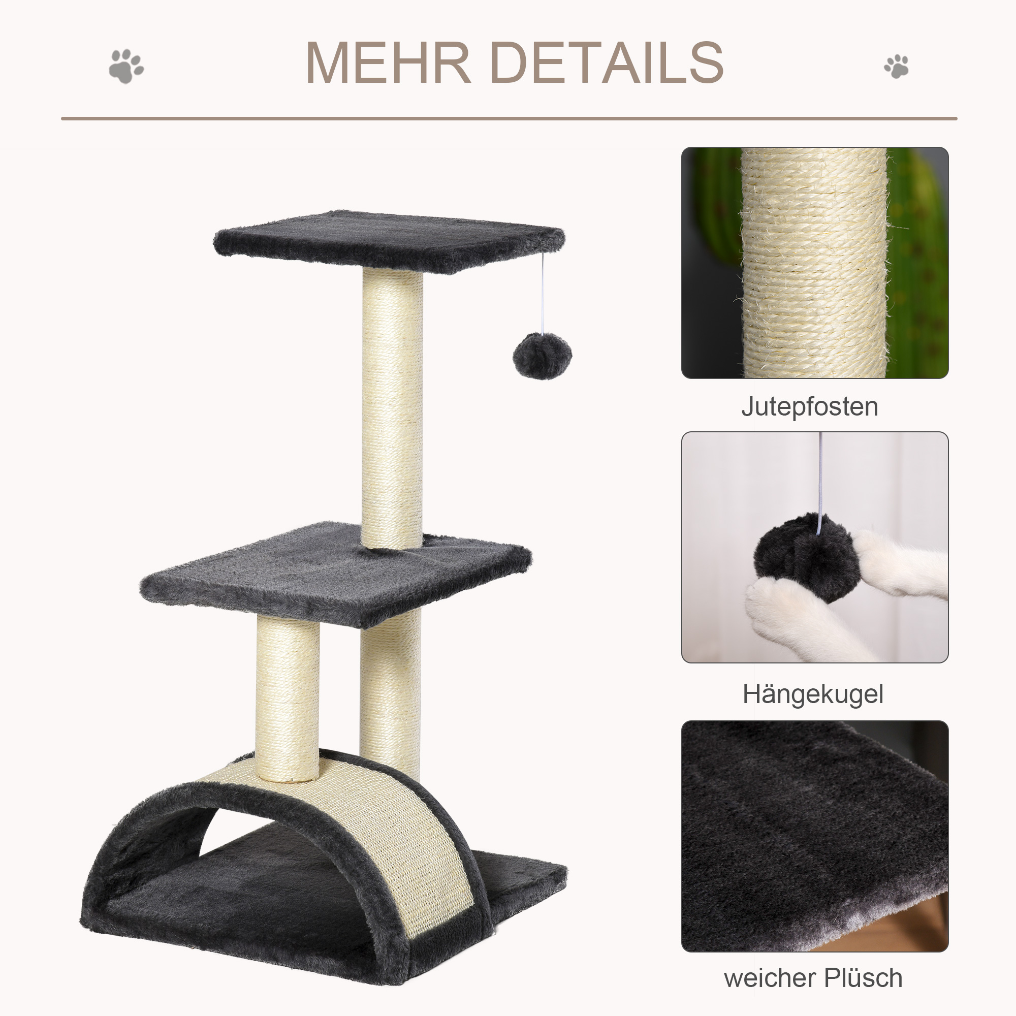 Kratzbaum 72 cm Katzenturm mit Plüschballen, Sisalstämme, Plattform, Kratzbrett mehrstöckiger Katzenkratzbaum, Kletterbaum, für mittelgroße Katzen, Grau