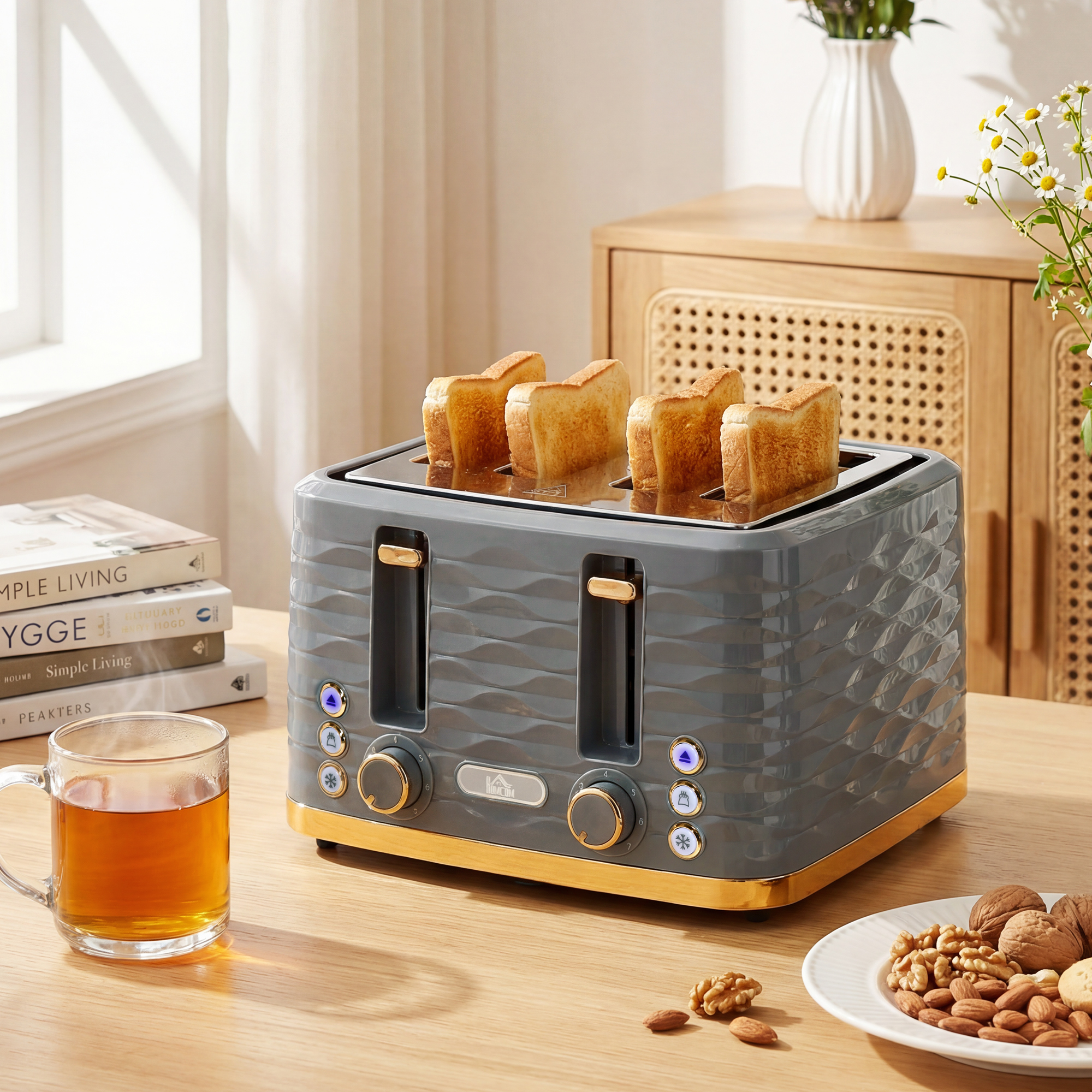 Toaster für 4 Scheiben mit 7 Bräunungsstufen, High-Lift, Aufwärm-/Auftau-/Abbruchs-Funktion, Graue Wellenoptik