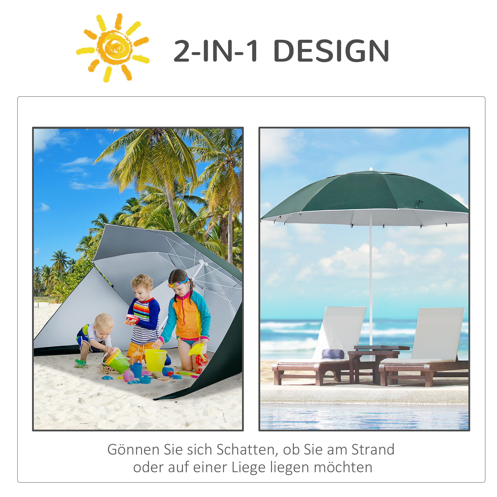 2 in 1 Sonnenschirm Strand Ø 210 cm UPF 50+ windfest Strandschirm mit Seitenwänden Tragtasche Balkon-Schirm faltbarer Gartenschirm Sonnenschutz für Reisen, Strand, Balkon Camping Dunkelgrün