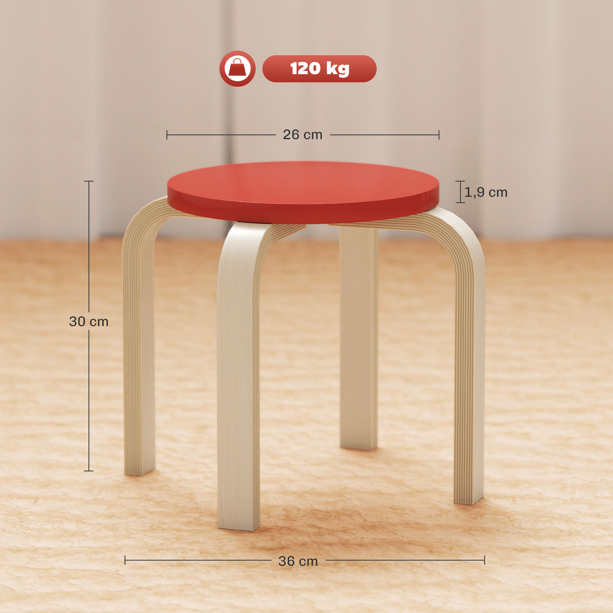 4 Stapelhocker mit Filzfußpolstern, Birken-Sperrholz, lackiert, Bunt
